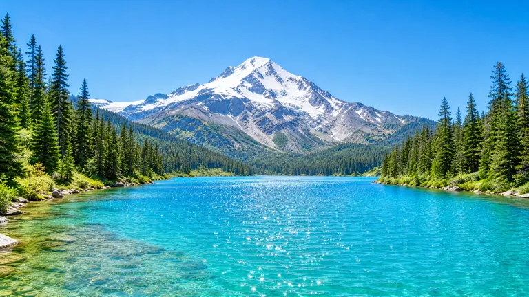 A turquoise mountain lake with pines and a snow-capped peak