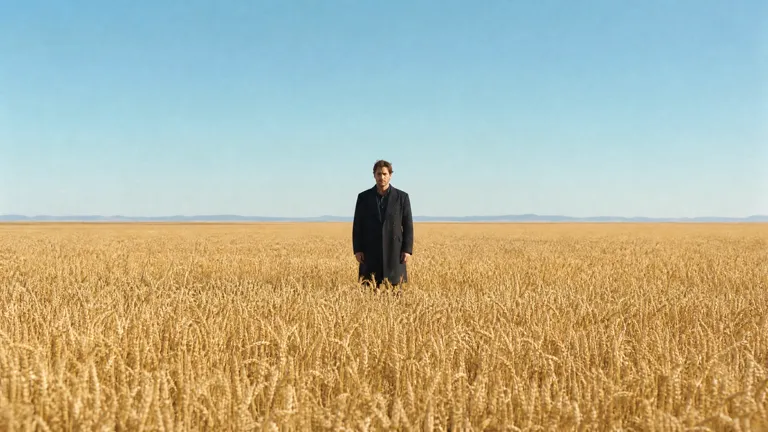 A small dark figure standing in a sunlit wheat field