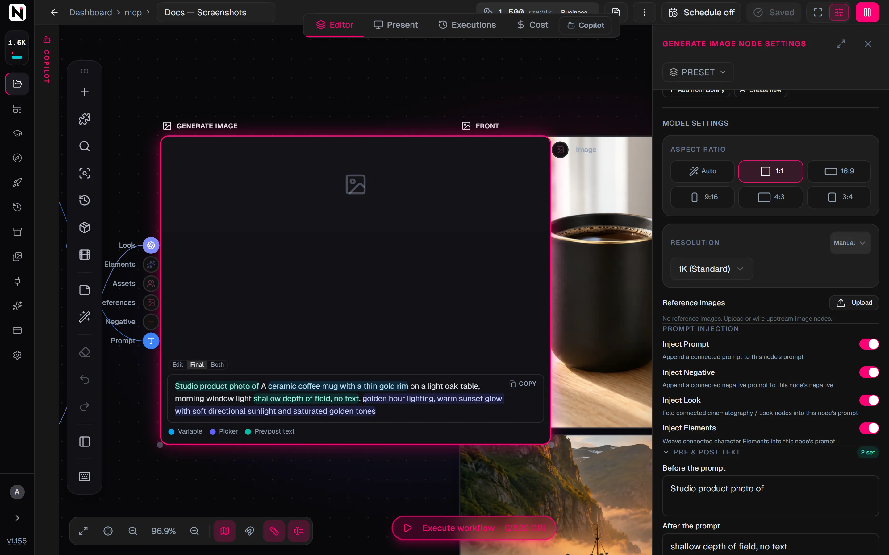 The settings panel of Generate Image with the Pre & post text section open, text in Before the prompt and After the prompt, and the 2 set badge.