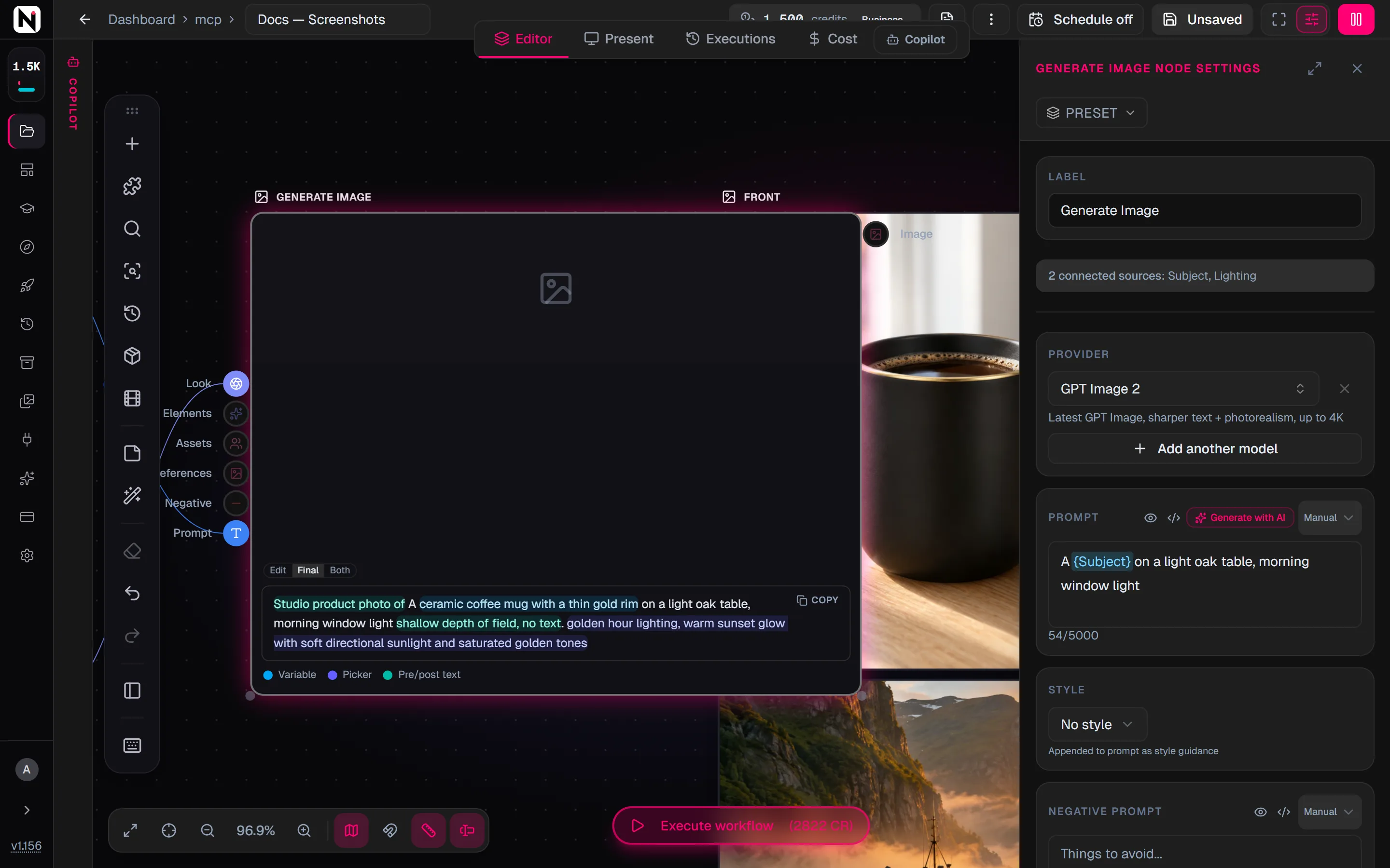 The prompt of Generate Image in the final view, with a resolved variable, picker wording and pre and post text in different colours, and the colour legend below.
