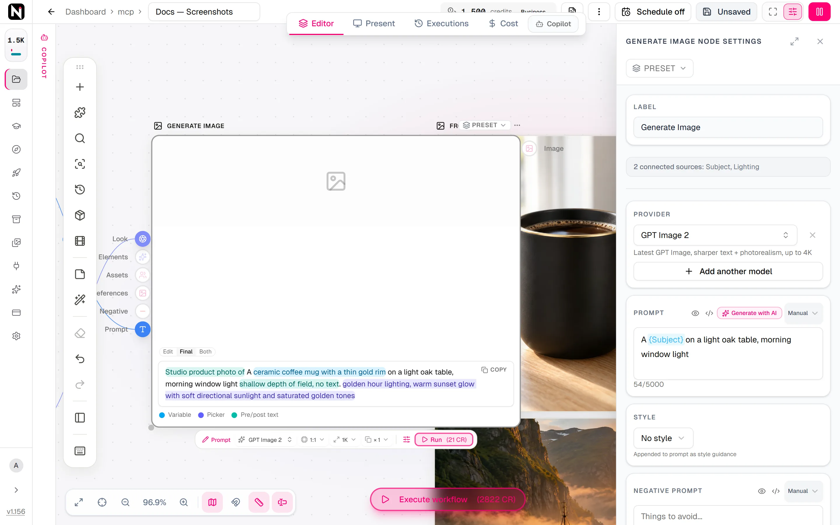 The prompt of Generate Image in the final view, with a resolved variable, picker wording and pre and post text in different colours, and the colour legend below.