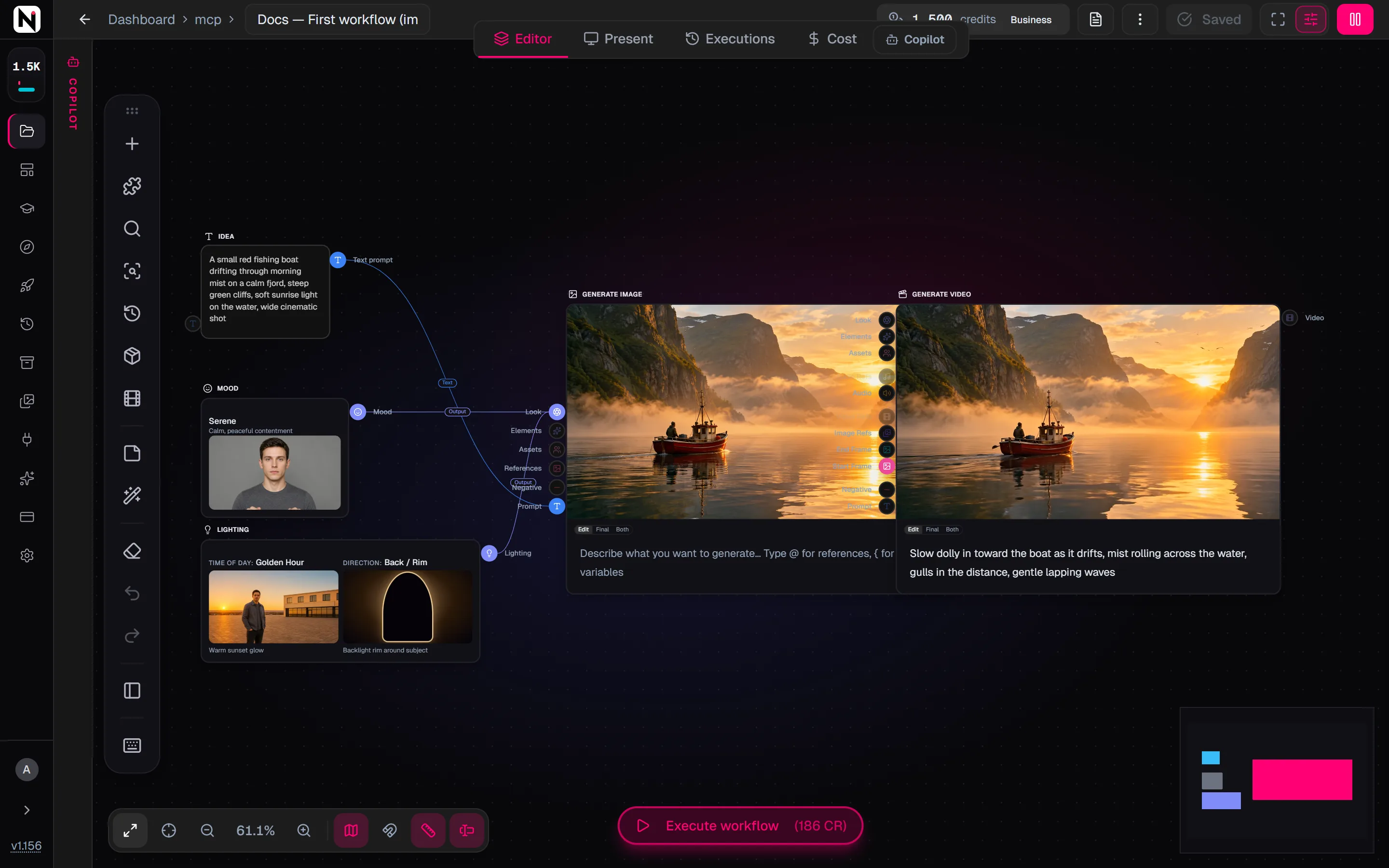 A Text node and two pickers connected to Generate Image, whose image feeds the Start Frame input of Generate Video, with a result on each generation node.