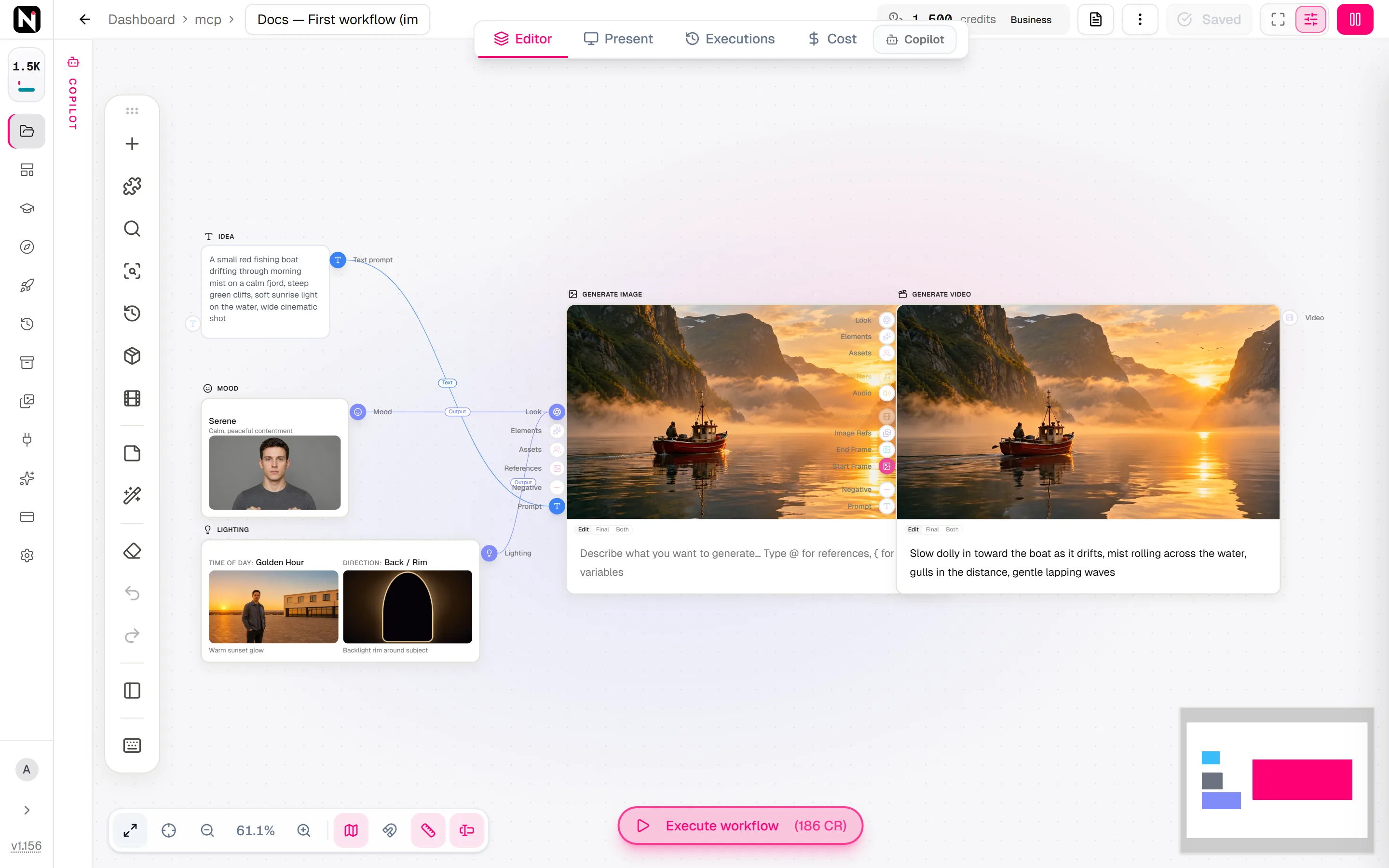 A Text node and two pickers connected to Generate Image, whose image feeds the Start Frame input of Generate Video, with a result on each generation node.
