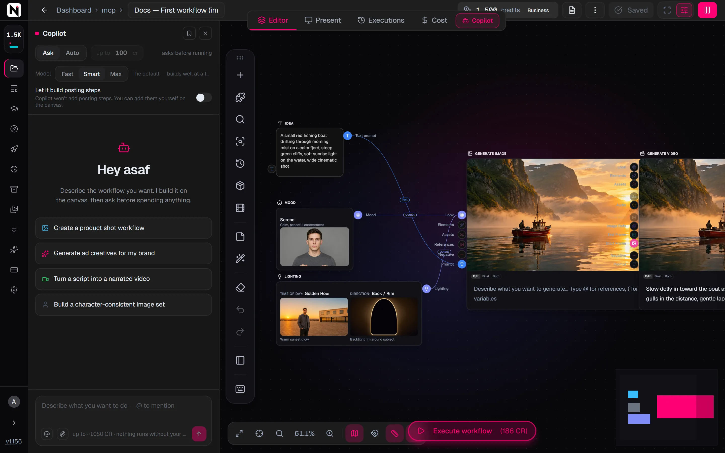 The Copilot panel on the left of the editor, with the Ask and Auto run modes, the Fast, Smart and Max models, the posting steps switch, four suggestions and the message box.