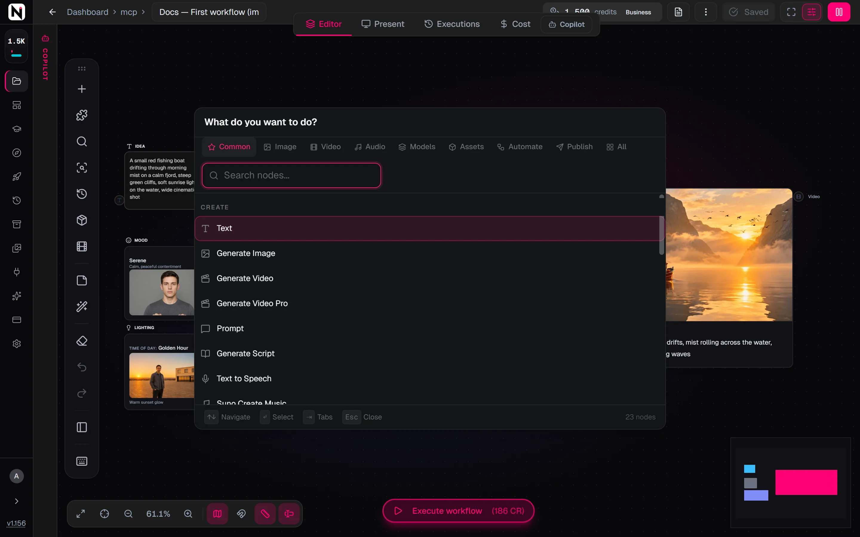 The node picker open on the Common tab, with the tab bar, the search box and the Create group that starts with Text, Generate Image and Generate Video.