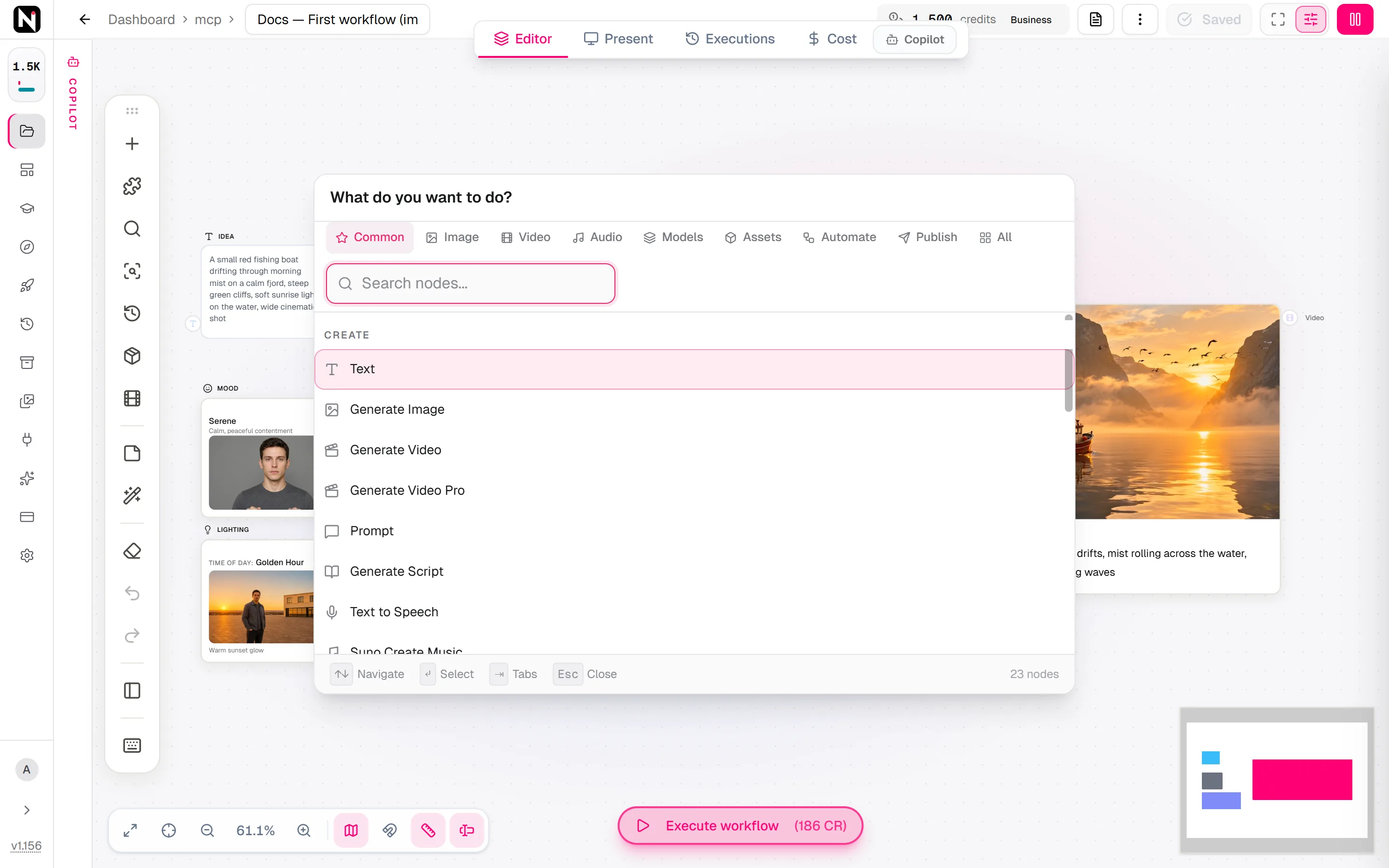 The node picker open on the Common tab, with the tab bar, the search box and the Create group that starts with Text, Generate Image and Generate Video.