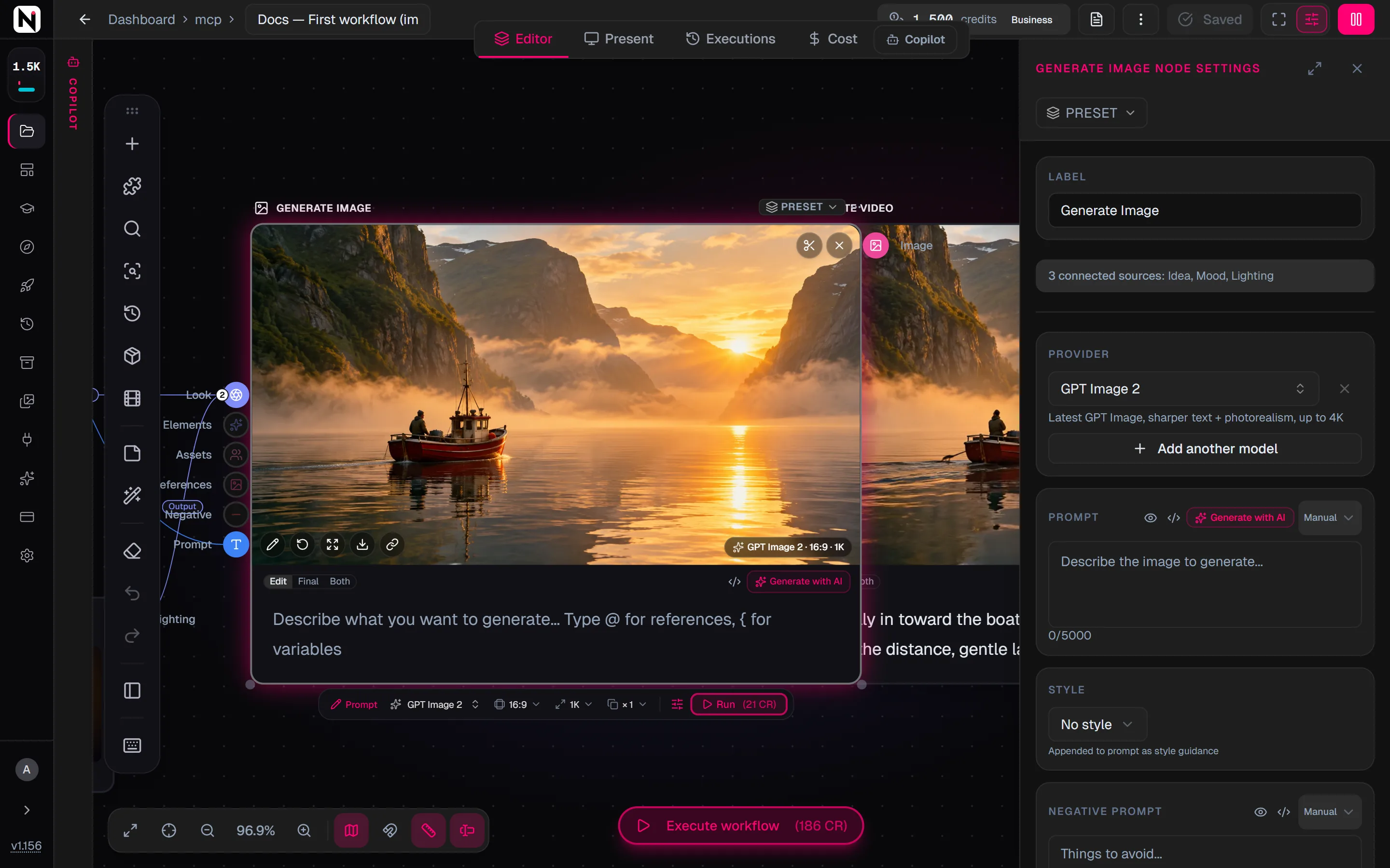 The settings panel of Generate Image with the Preset menu, the Label field, the Provider set to GPT Image 2, the Prompt and the Style.