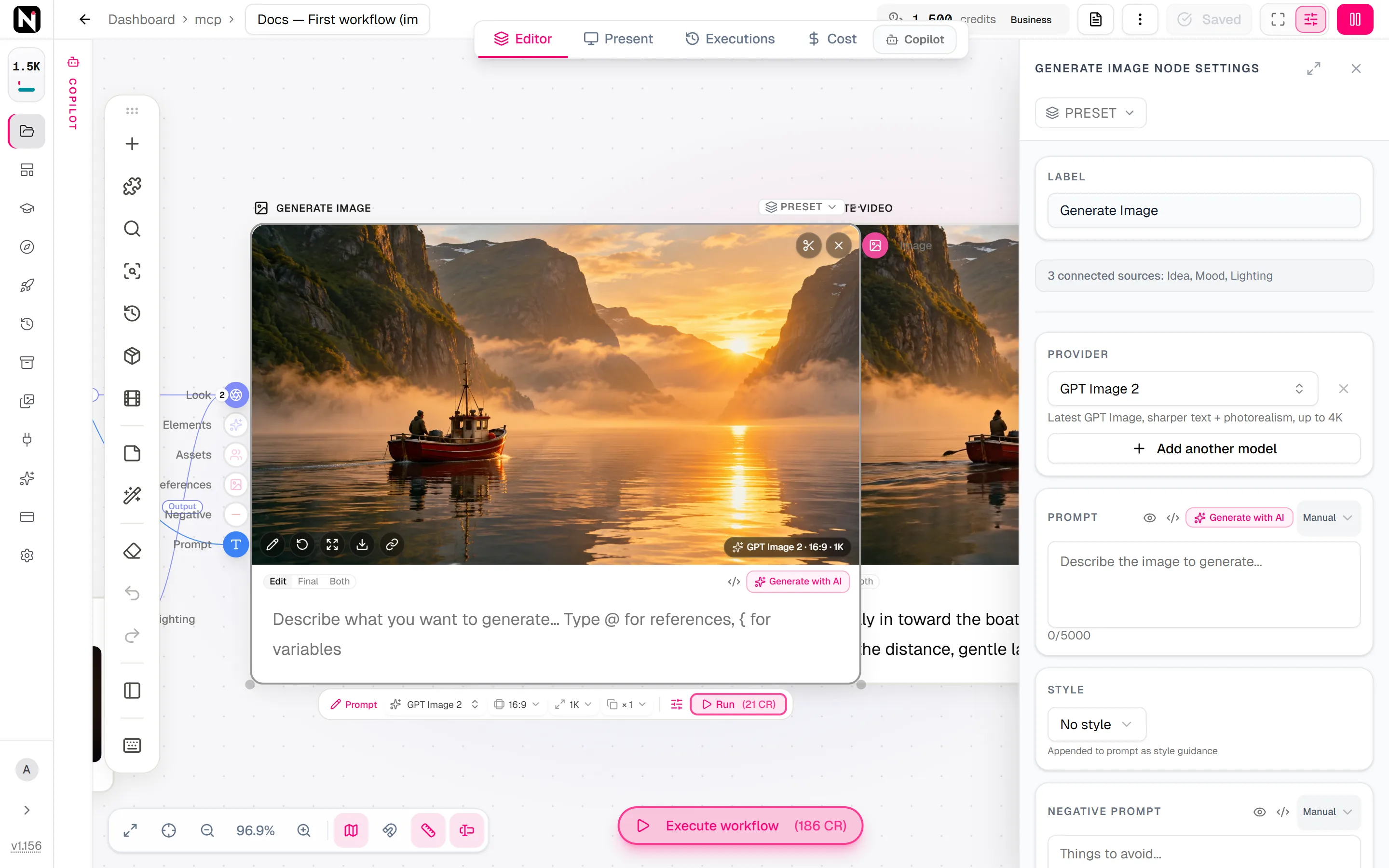 The settings panel of Generate Image with the Preset menu, the Label field, the Provider set to GPT Image 2, the Prompt and the Style.