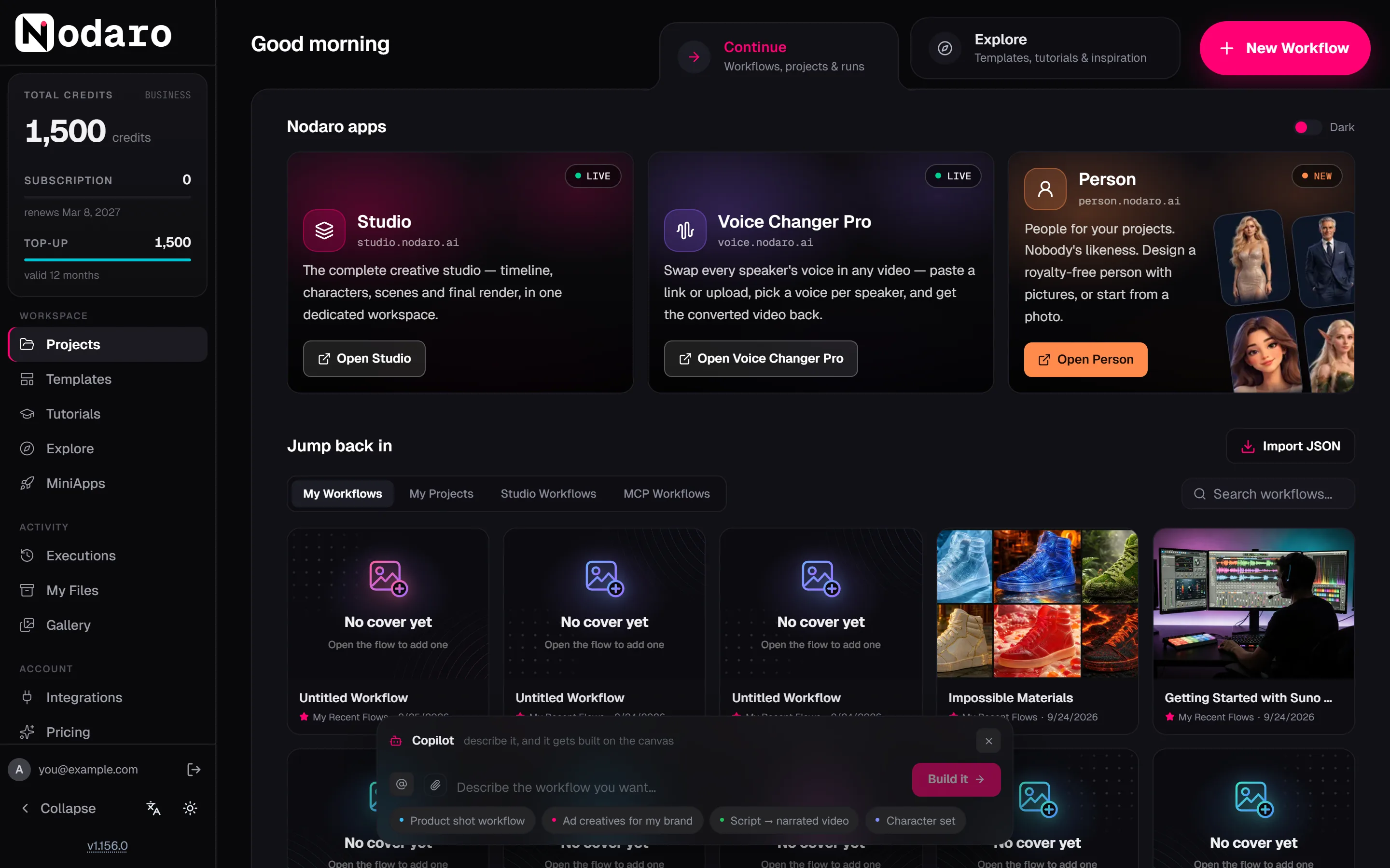 The home screen with the Continue tab, the Jump back in section, the My Workflows, My Projects, Studio Workflows and MCP Workflows filters, and the Import JSON button.