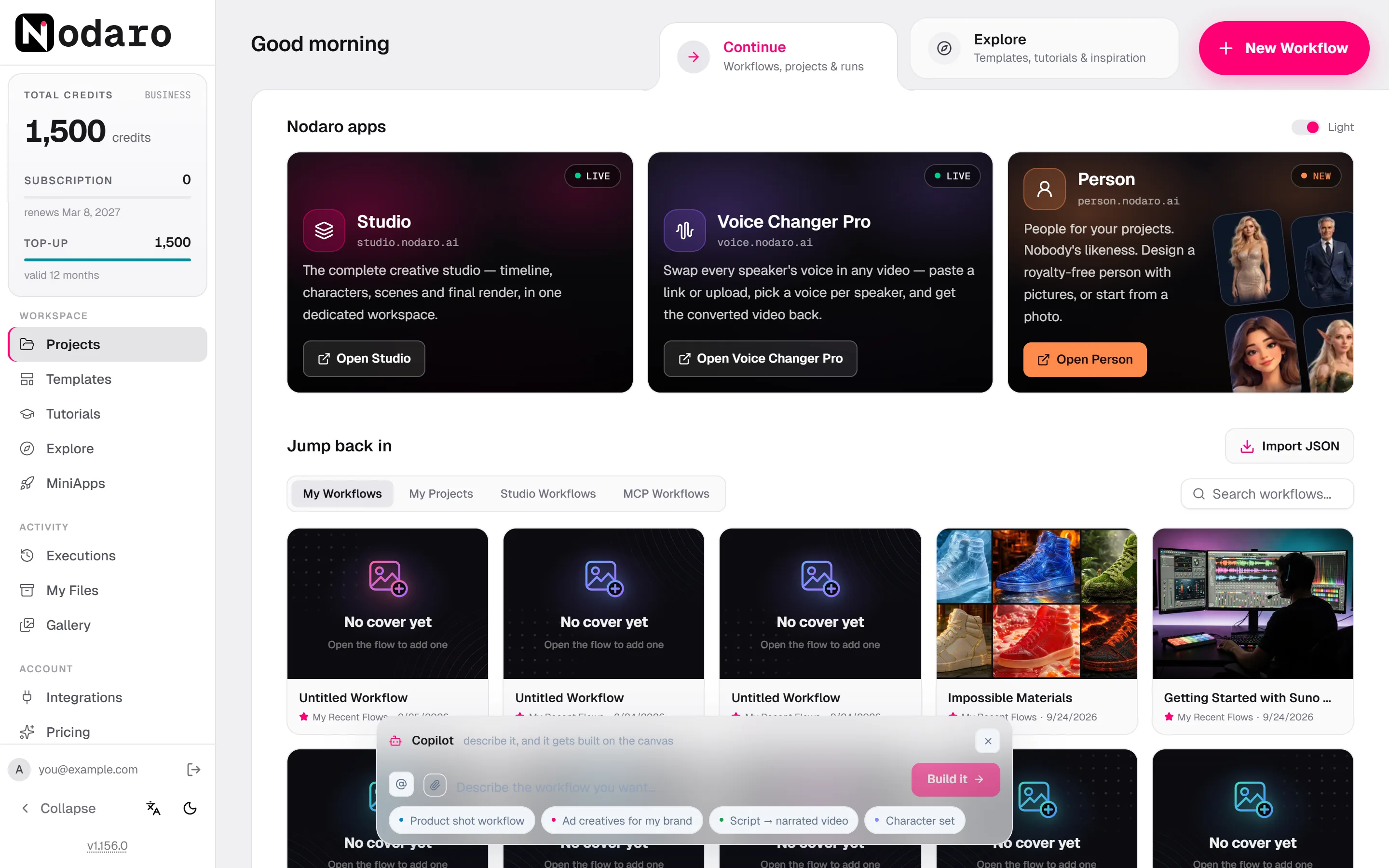 The home screen with the Continue tab, the Jump back in section, the My Workflows, My Projects, Studio Workflows and MCP Workflows filters, and the Import JSON button.