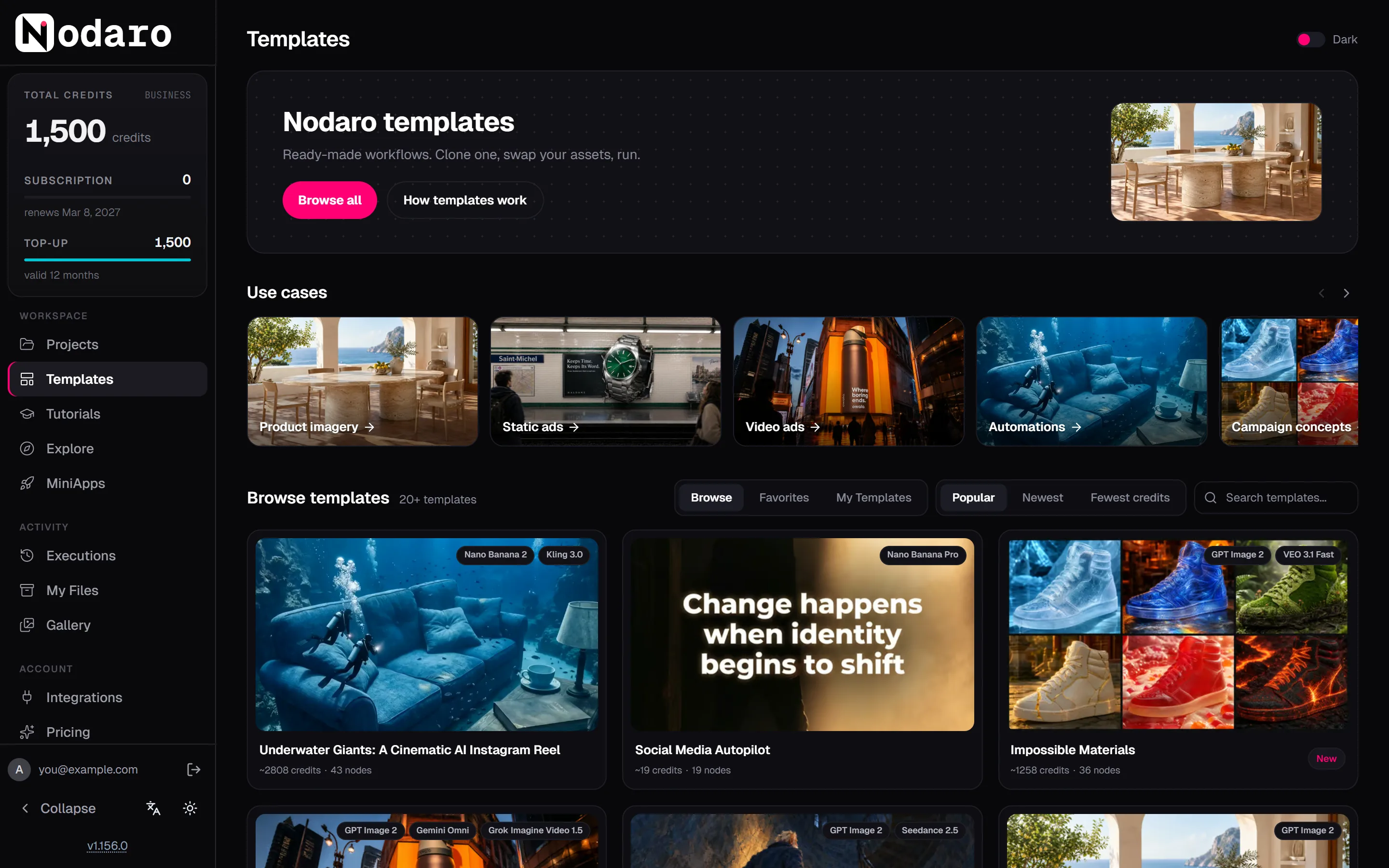 The Templates page with the use cases row, the Browse, Favorites and My Templates tabs, the sort options and template cards with their models, credits and number of nodes.