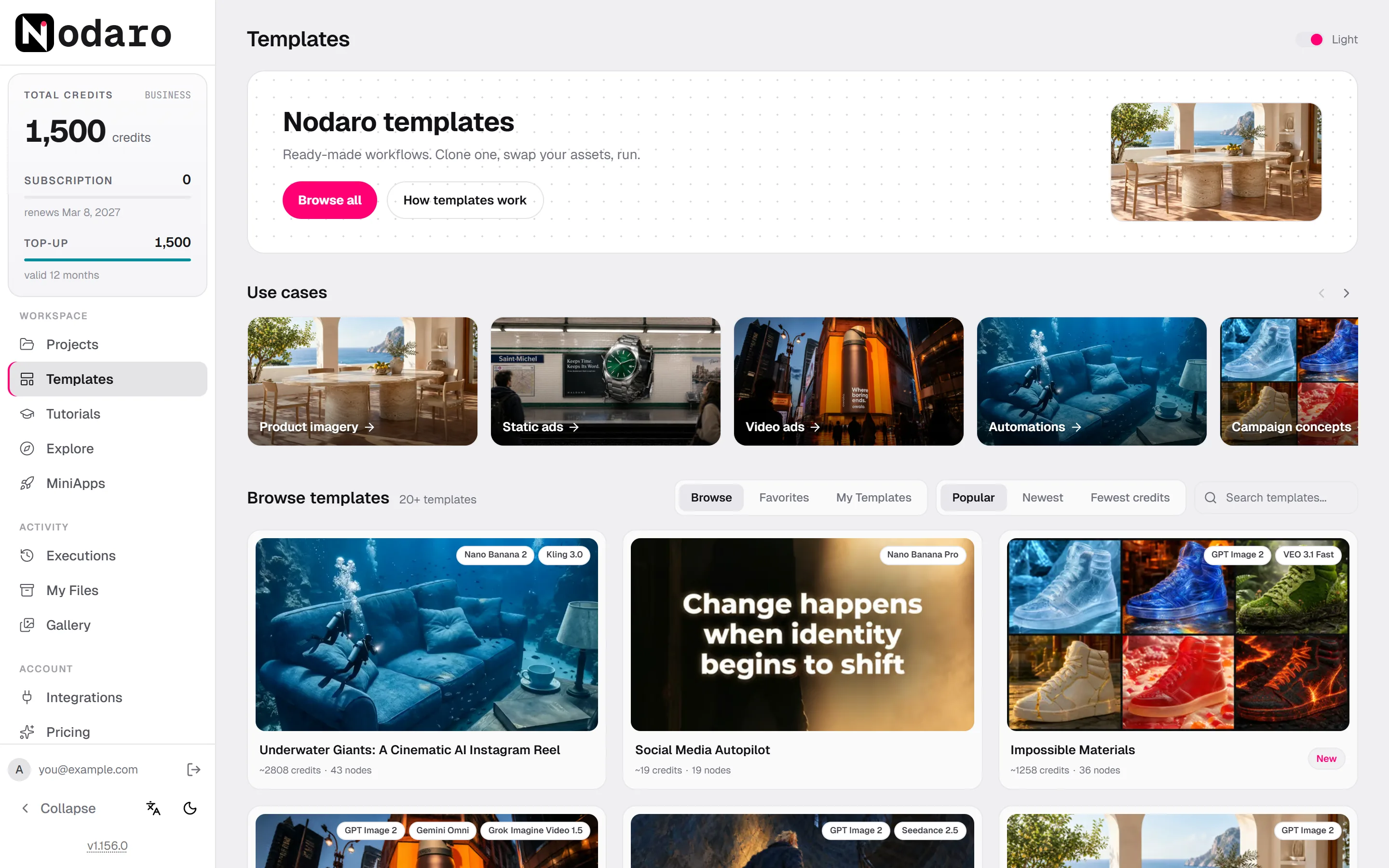 The Templates page with the use cases row, the Browse, Favorites and My Templates tabs, the sort options and template cards with their models, credits and number of nodes.