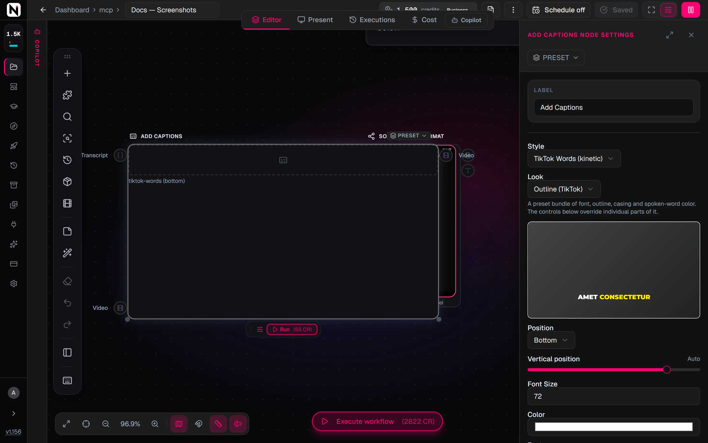 The Add Captions settings panel with the TikTok Words style, the Outline look, a live caption preview, and the position and font size settings.