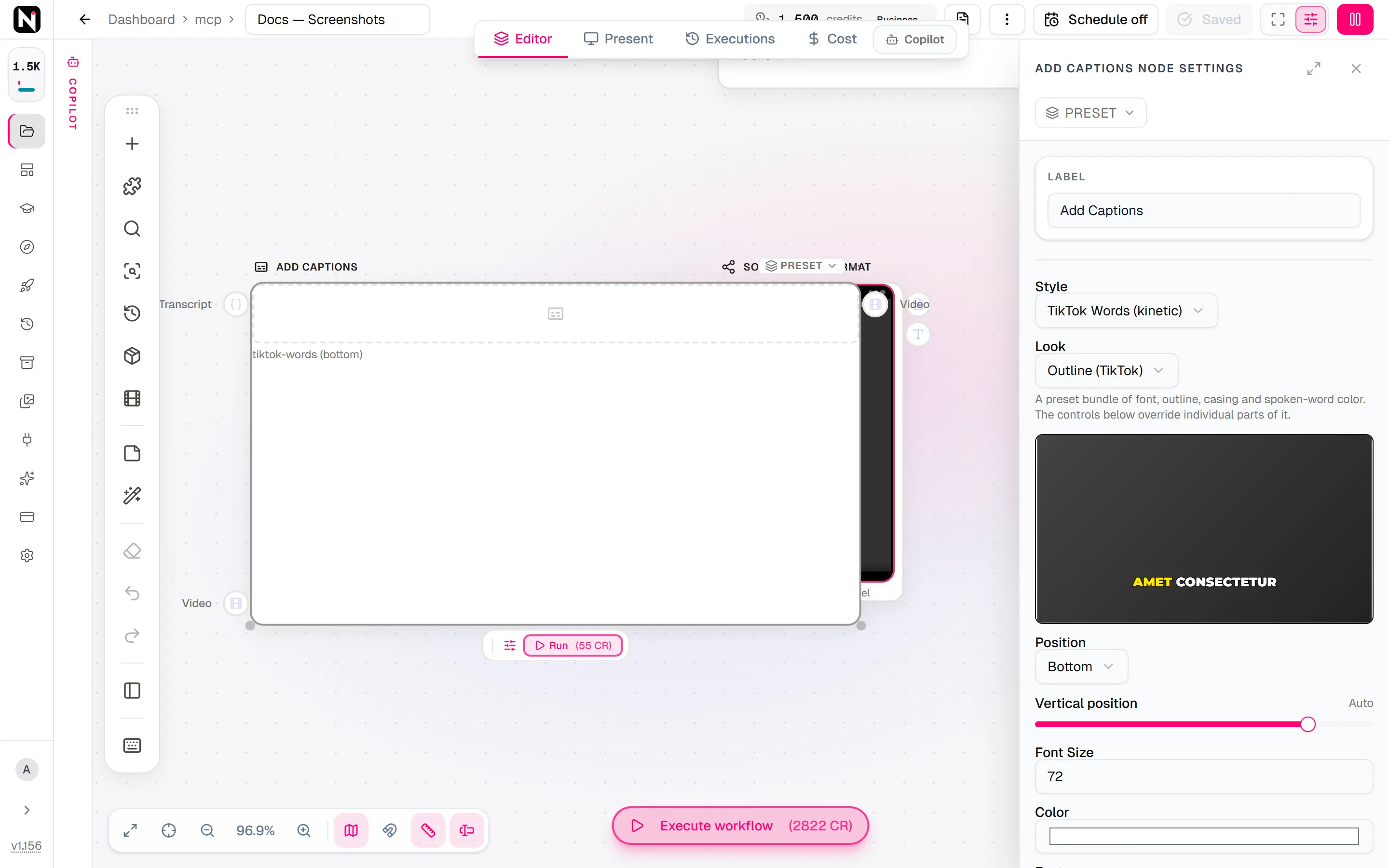 The Add Captions settings panel with the TikTok Words style, the Outline look, a live caption preview, and the position and font size settings.