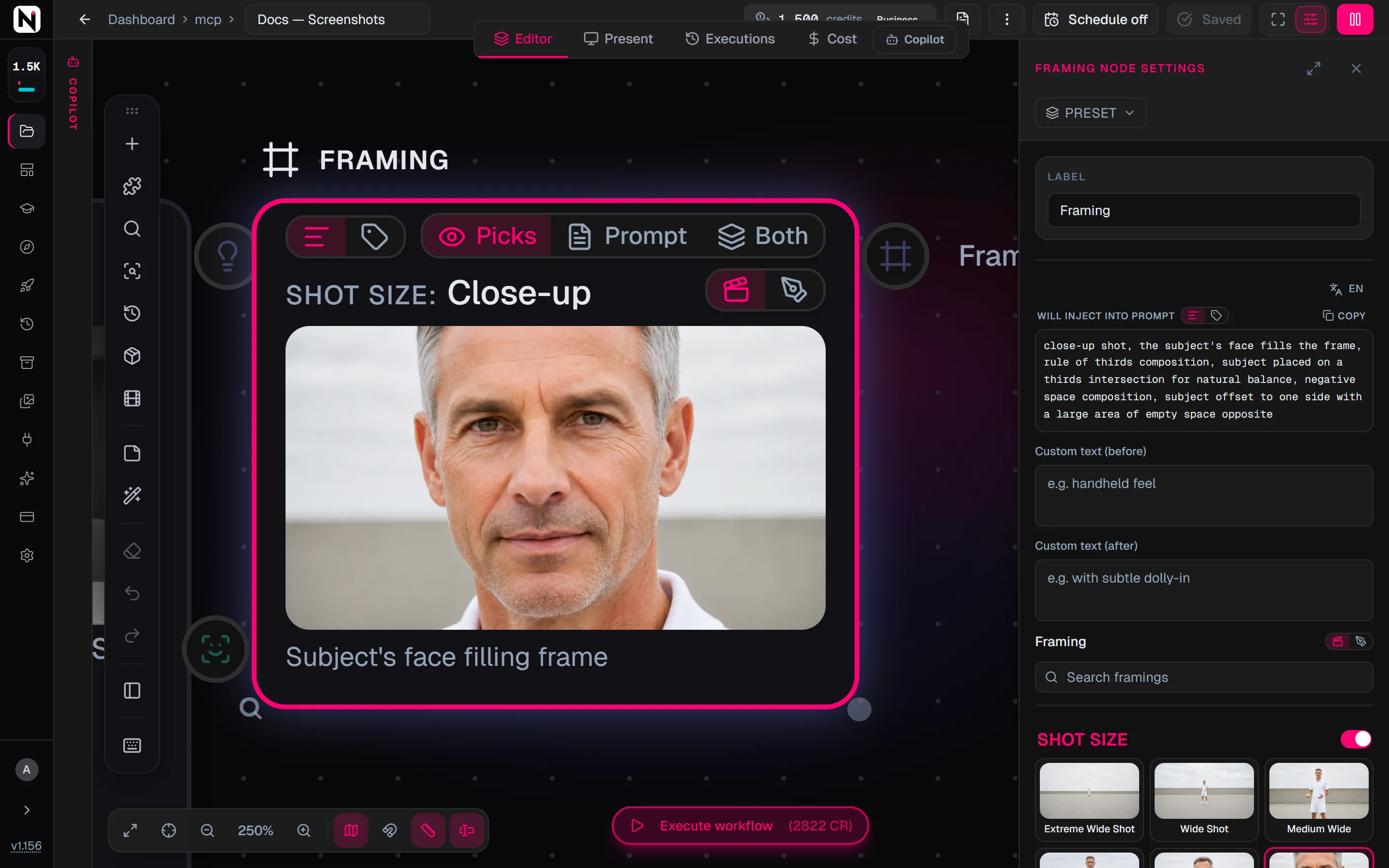The Framing picker in the settings panel, with Shot Size set to Close-up and two Composition options chosen.