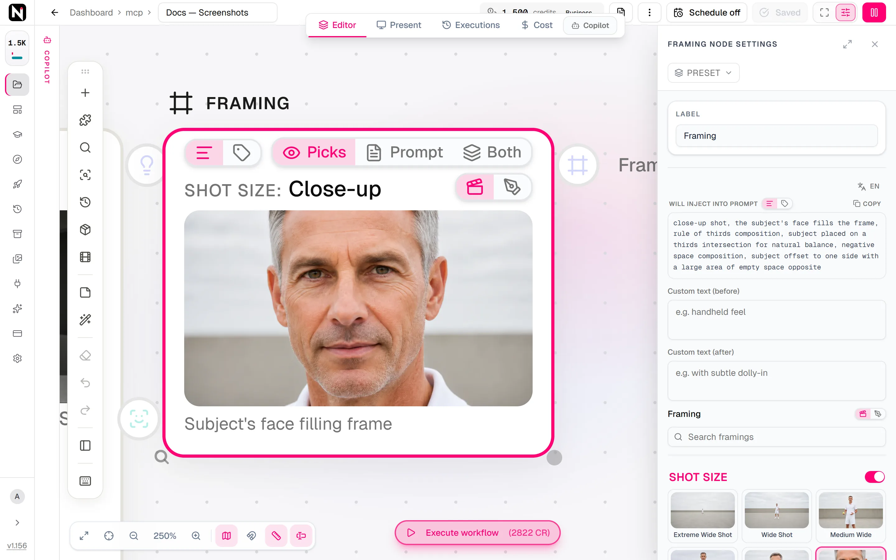 The Framing picker in the settings panel, with Shot Size set to Close-up and two Composition options chosen.