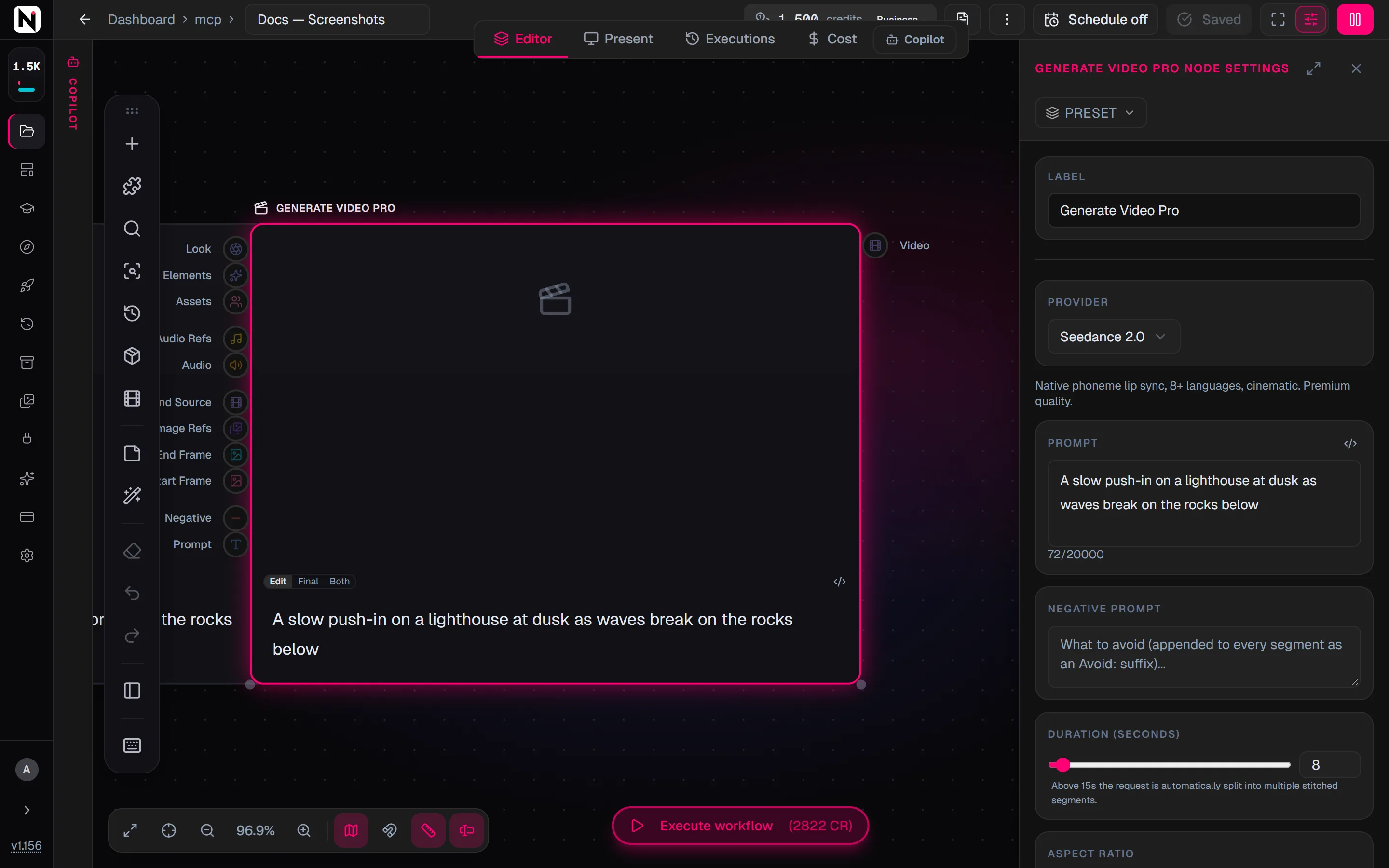 The Generate Video Pro settings panel with Seedance 2.0 selected, the prompt, the negative prompt and the duration slider.
