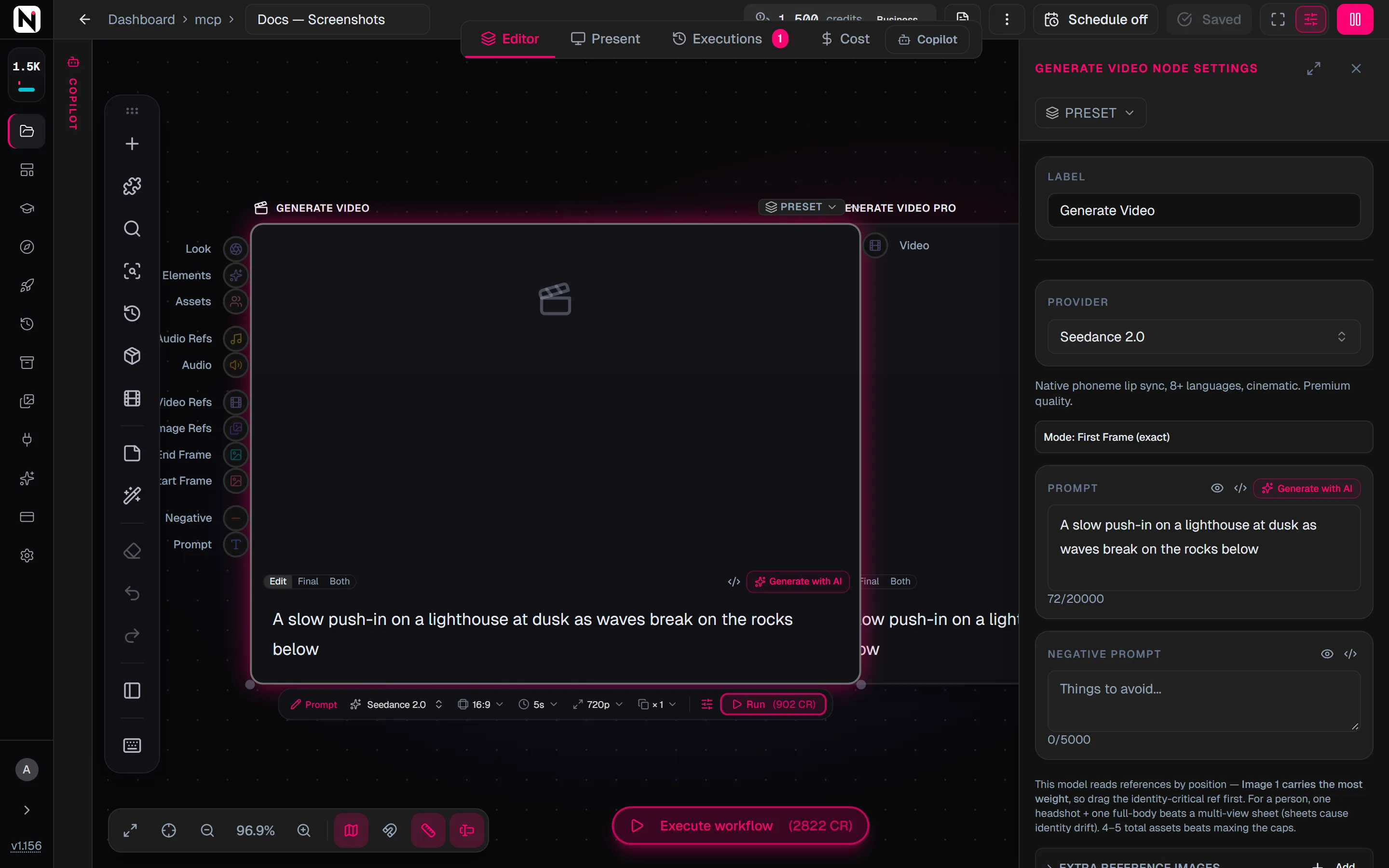 The Generate Video settings panel with Seedance 2.0 selected, its mode note, the prompt and the negative prompt.