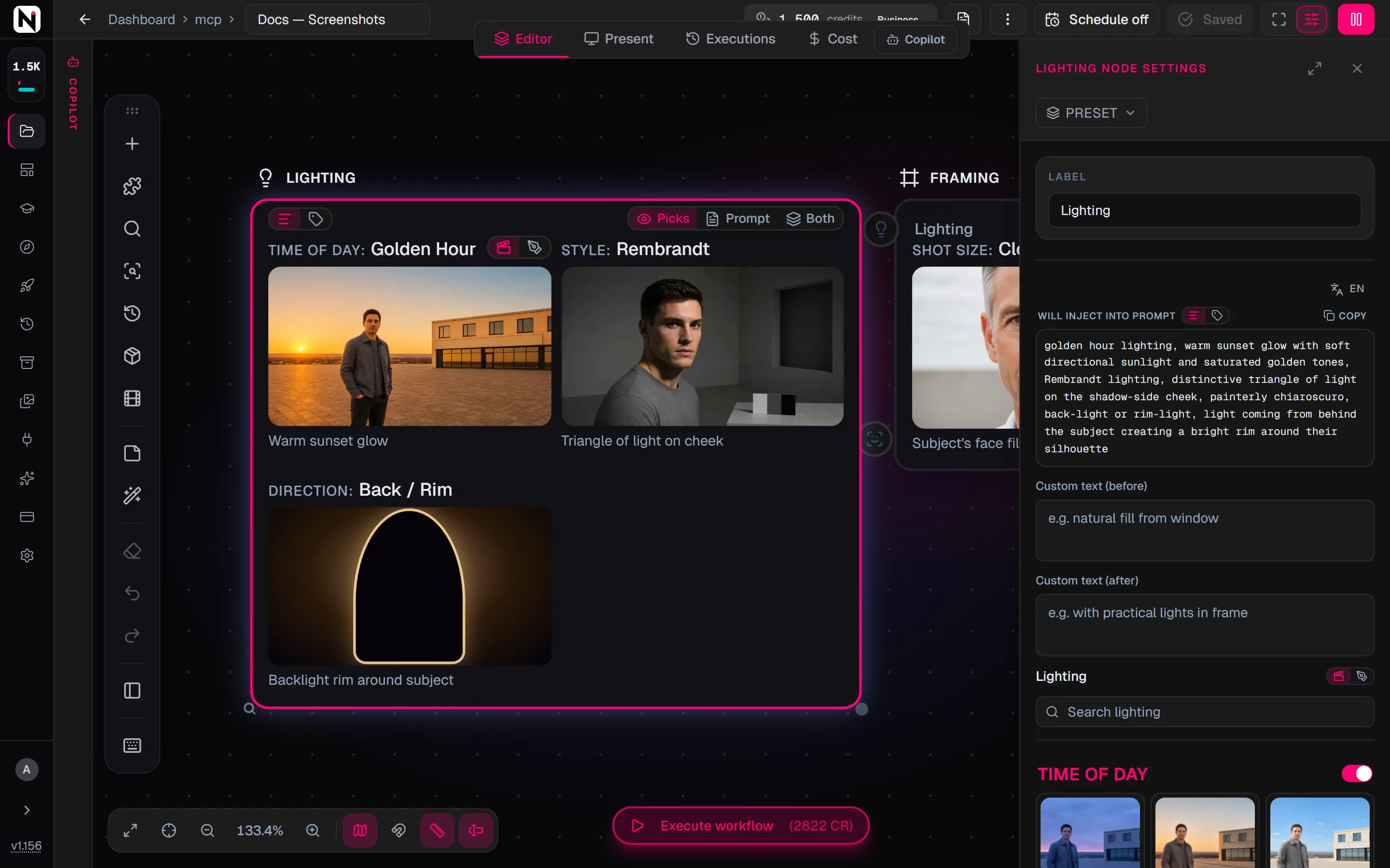 The Lighting settings panel with the Time of Day, Style and Direction sections turned on and one option chosen in each.