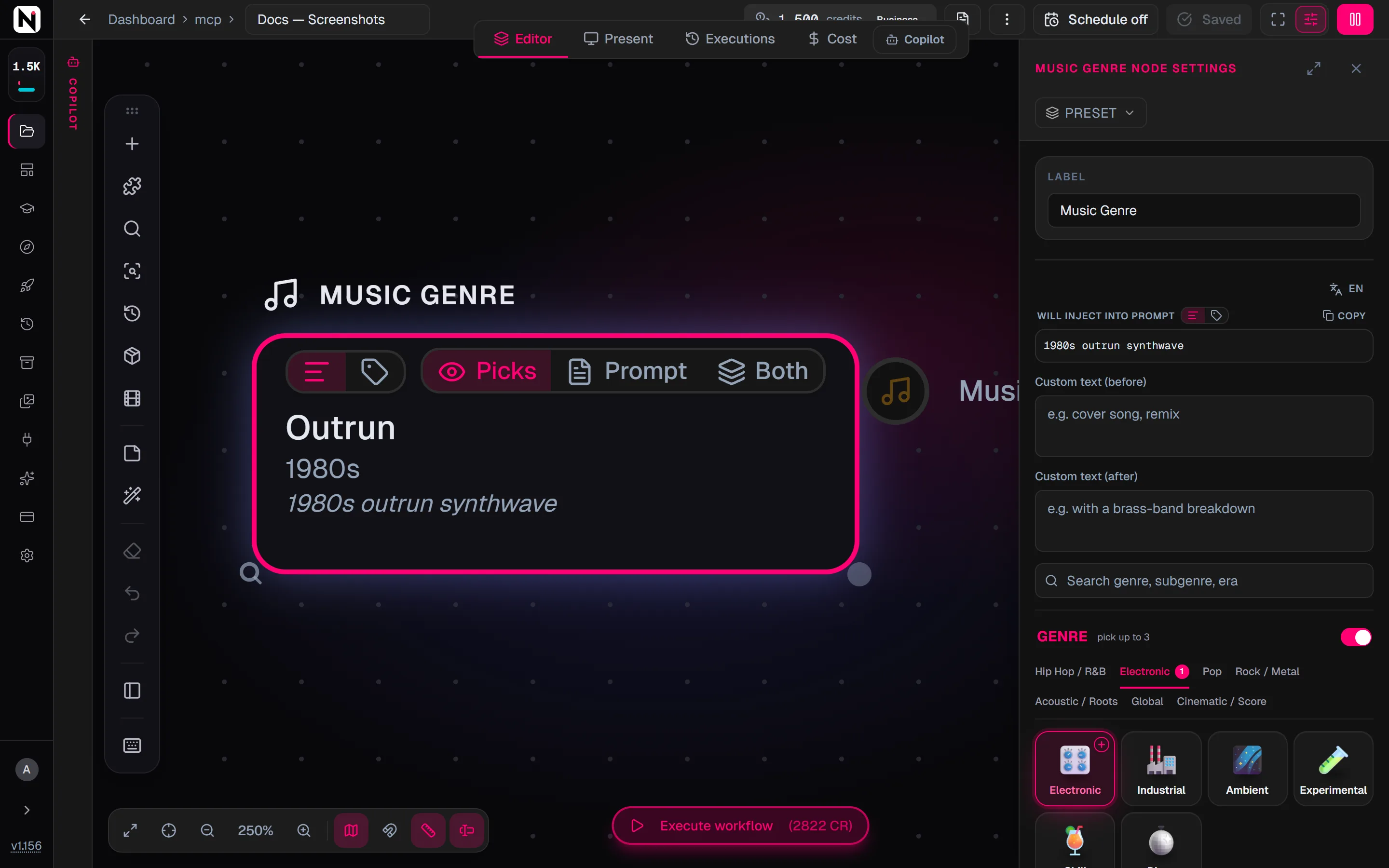 The Music Genre settings panel with the genre tab row, Electronic picked, the Outrun subgenre and the 1980s era selected.