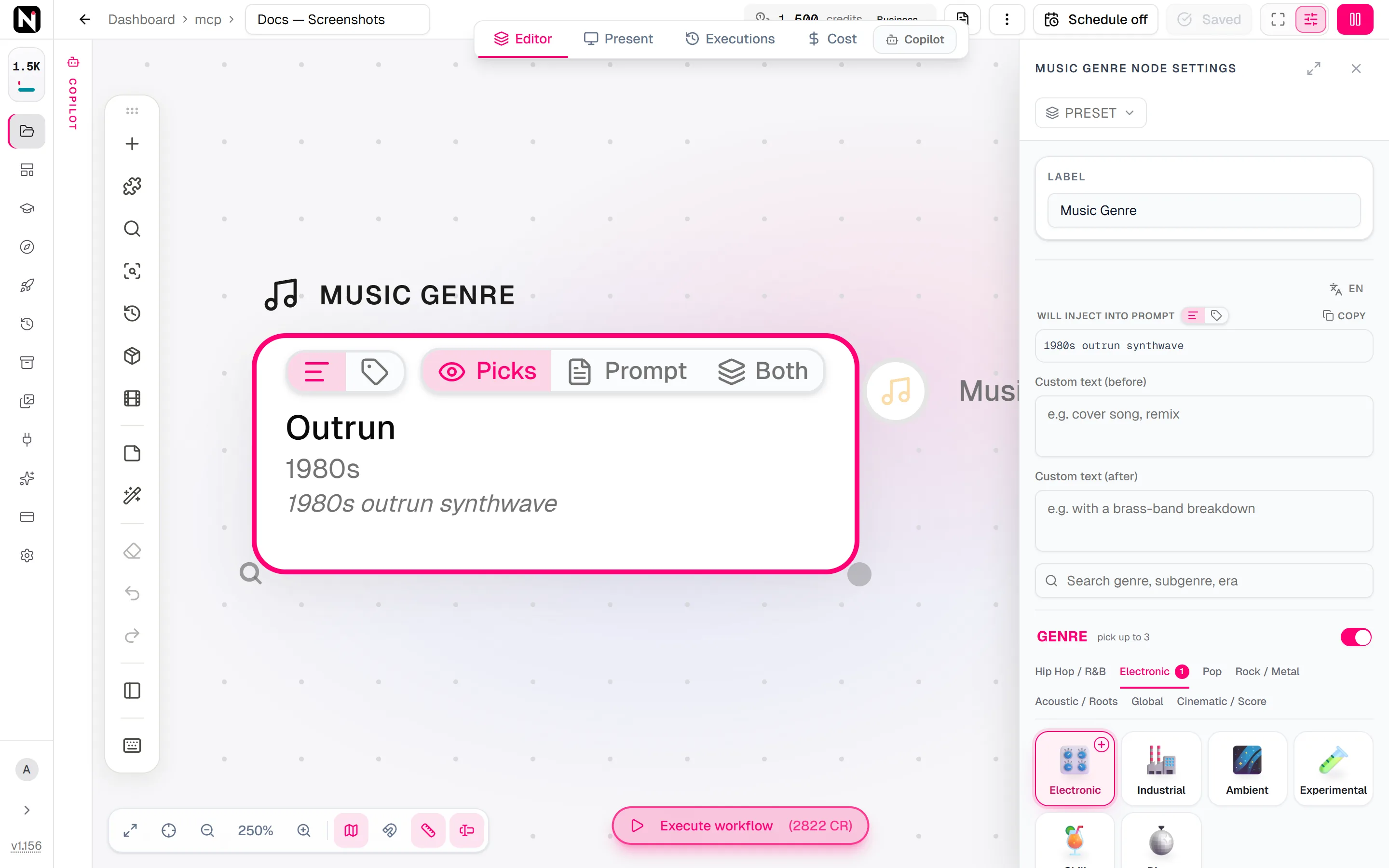 The Music Genre settings panel with the genre tab row, Electronic picked, the Outrun subgenre and the 1980s era selected.