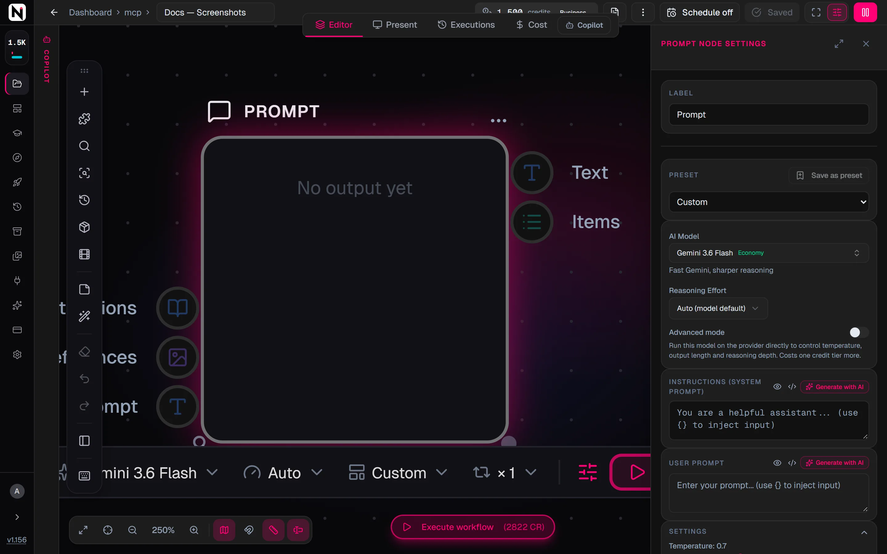 The Prompt node settings panel with the AI Model, Reasoning Effort and Advanced mode controls above the Instructions and User Prompt fields.