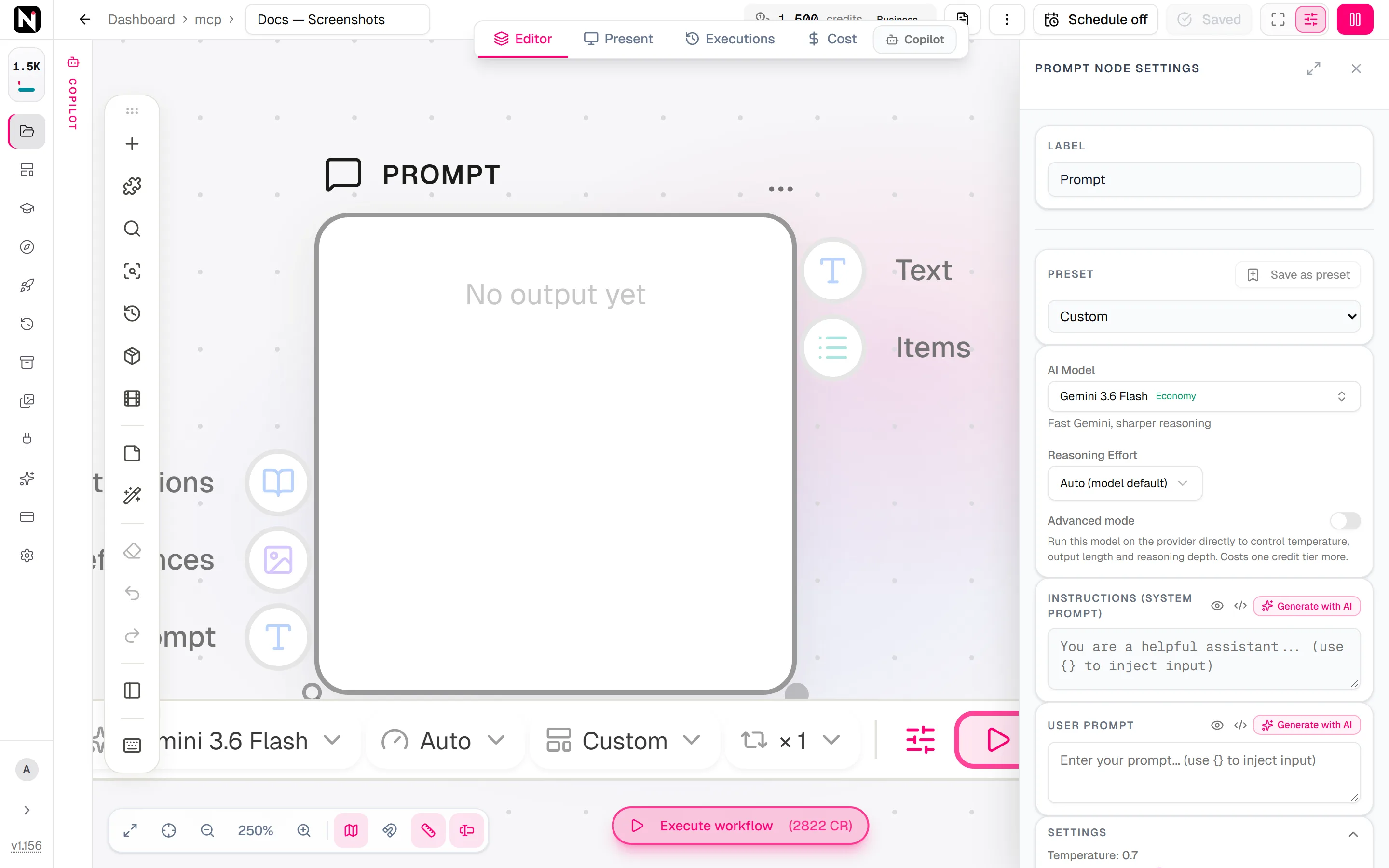 The Prompt node settings panel with the AI Model, Reasoning Effort and Advanced mode controls above the Instructions and User Prompt fields.