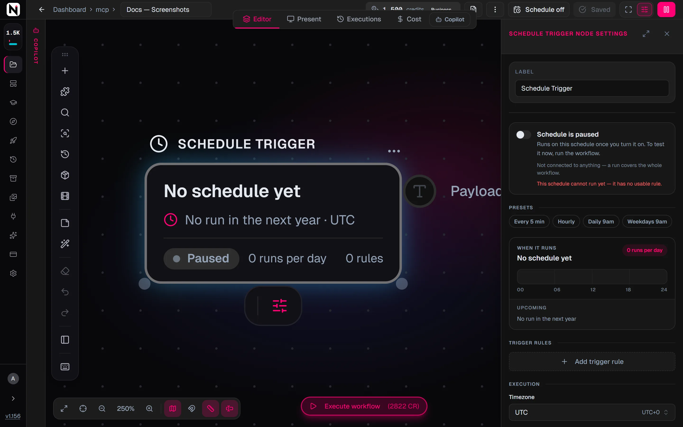 The Schedule Trigger settings panel with the schedule paused, the presets, the 24-hour bar of the day's runs, the Add trigger rule button and the time zone.