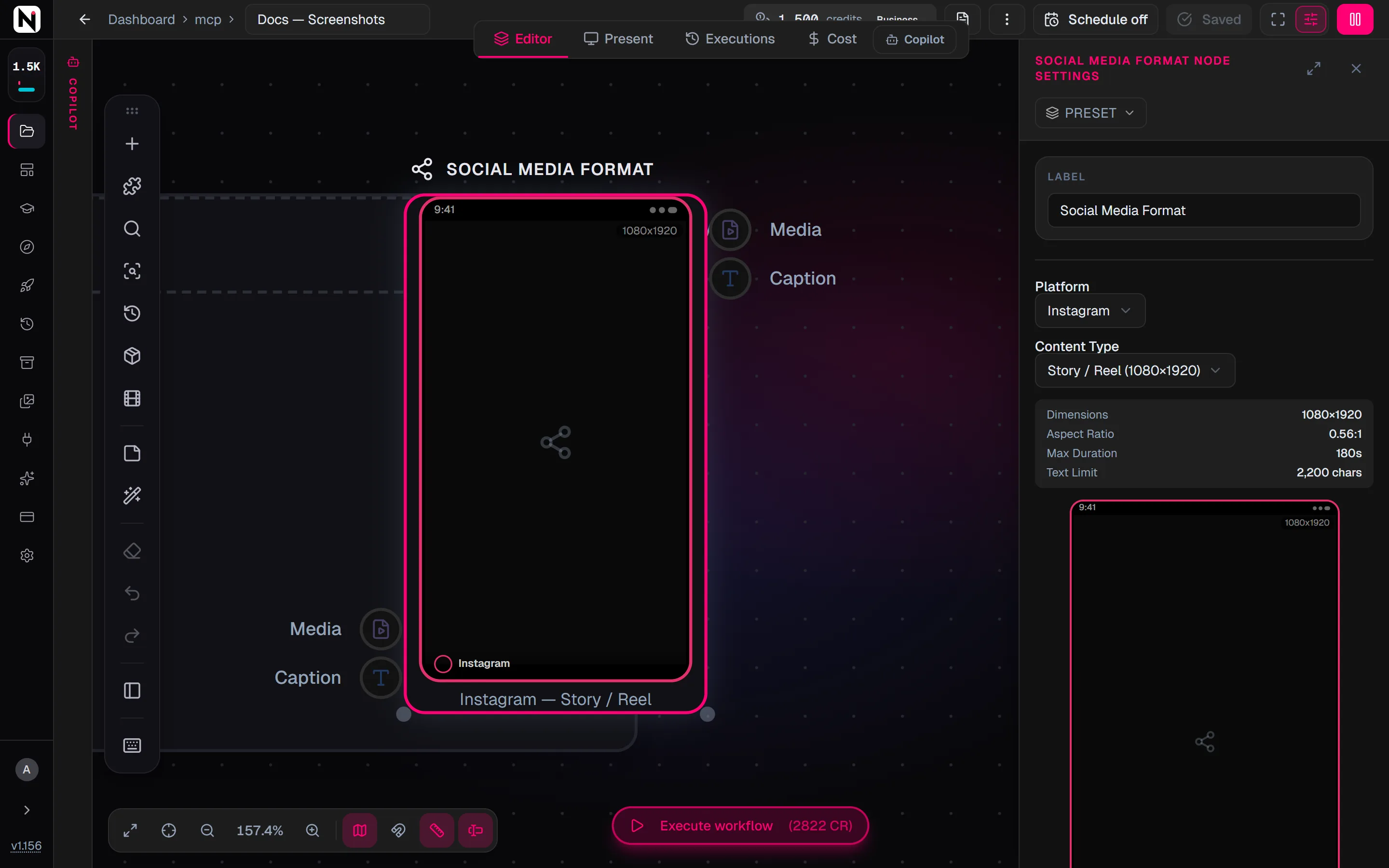 The Social Media Format settings panel with Instagram Story / Reel selected, its size, duration and text limit, and a phone preview of the post.
