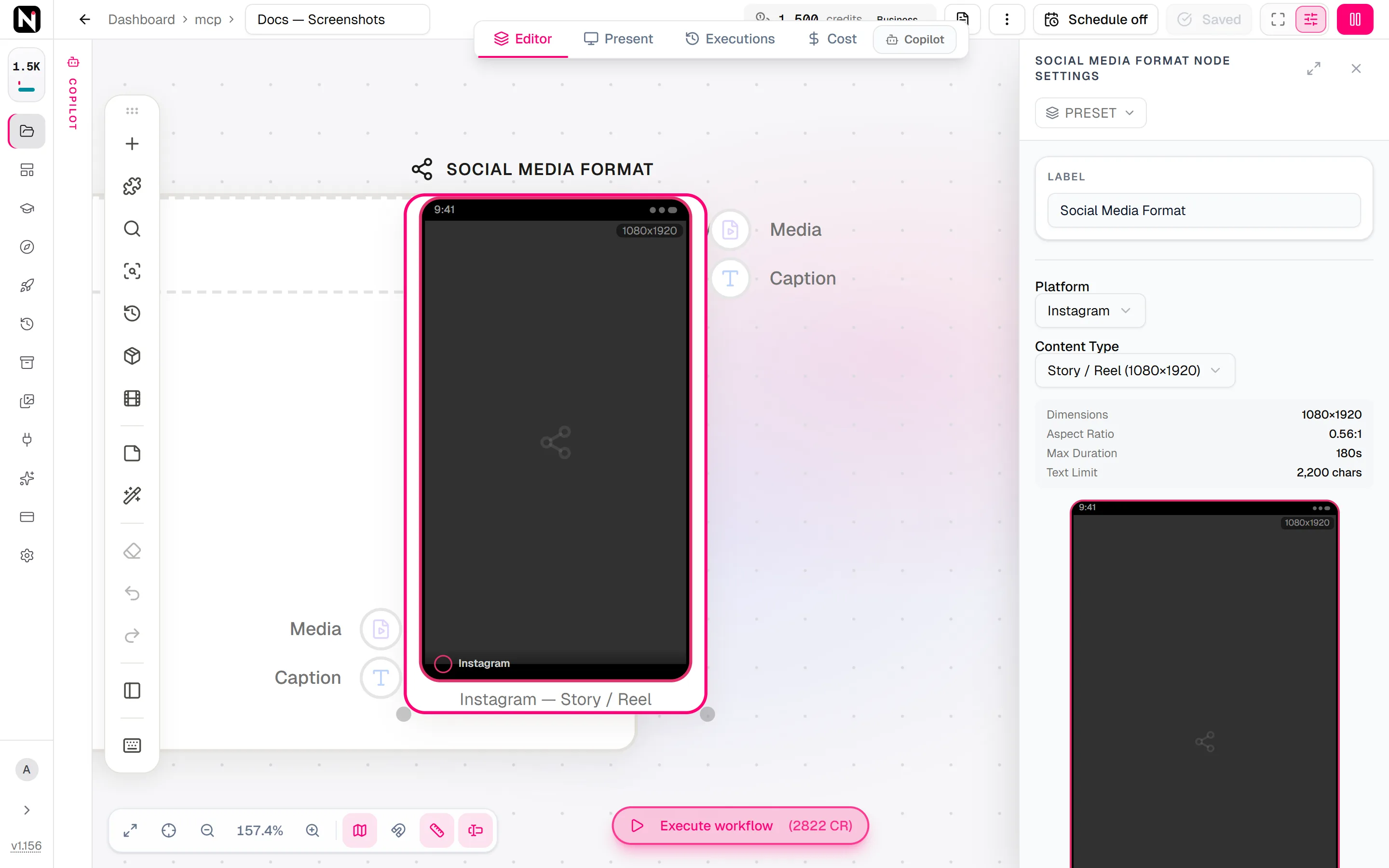 The Social Media Format settings panel with Instagram Story / Reel selected, its size, duration and text limit, and a phone preview of the post.