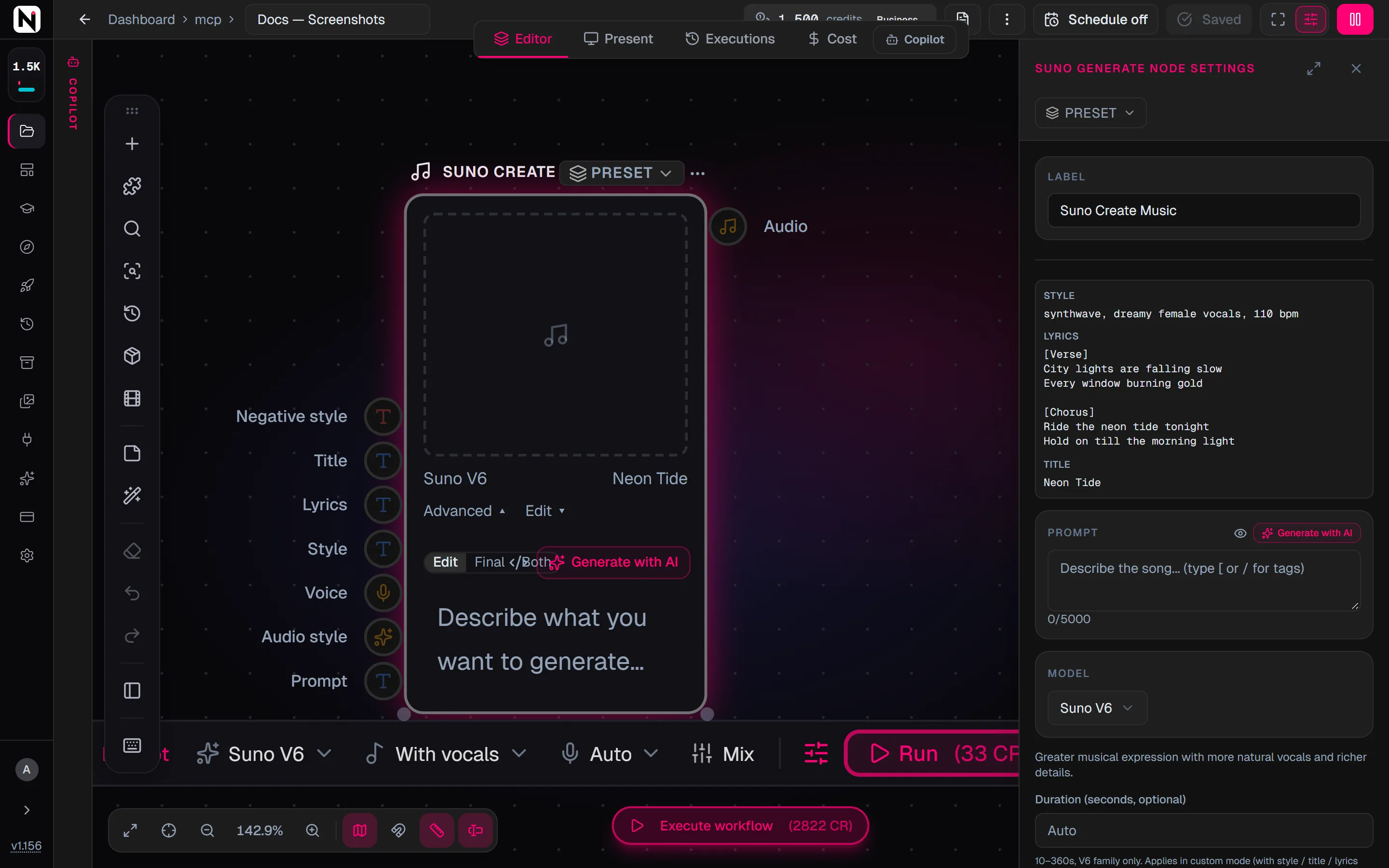 The Suno Create Music settings panel with Suno V6 selected and a title, lyrics with section tags and style tags filled in.