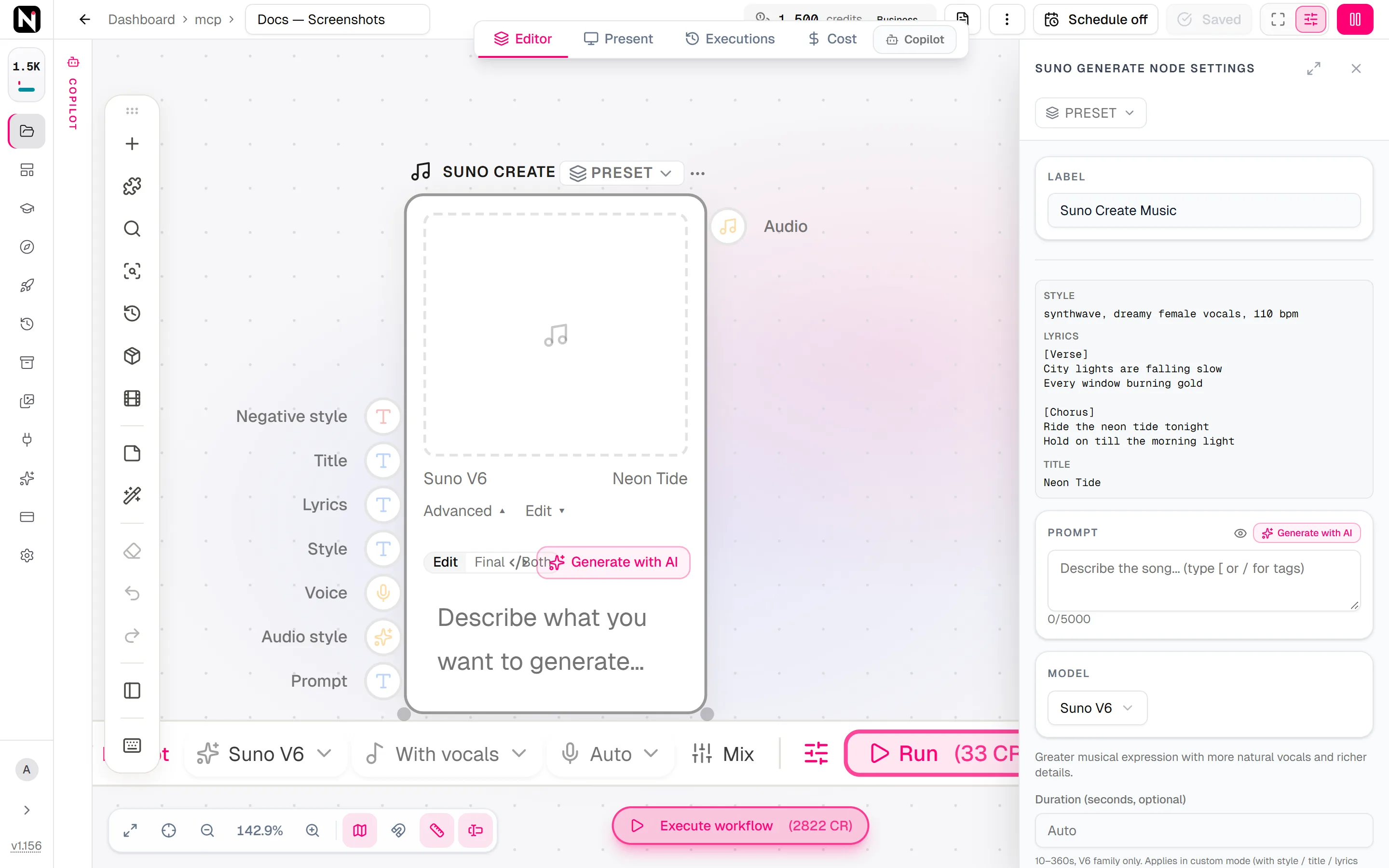 The Suno Create Music settings panel with Suno V6 selected and a title, lyrics with section tags and style tags filled in.