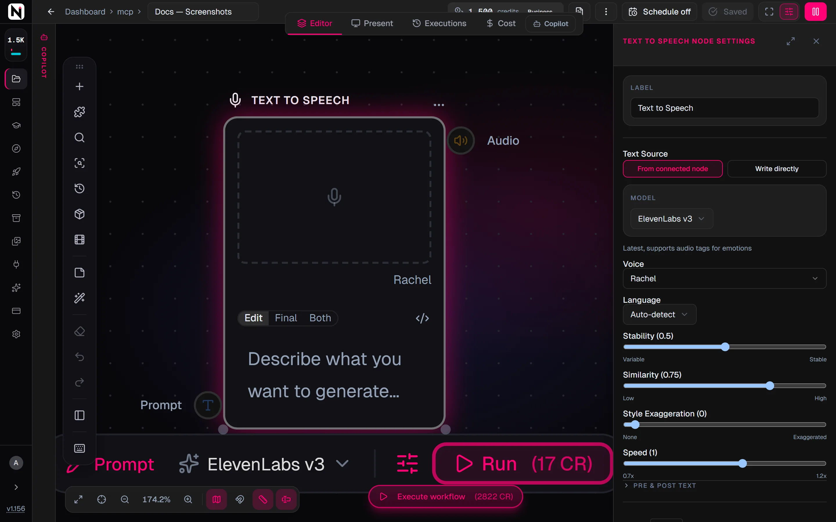 The Text to Speech settings panel with Text Source, Model, Voice, Language and the Stability slider.