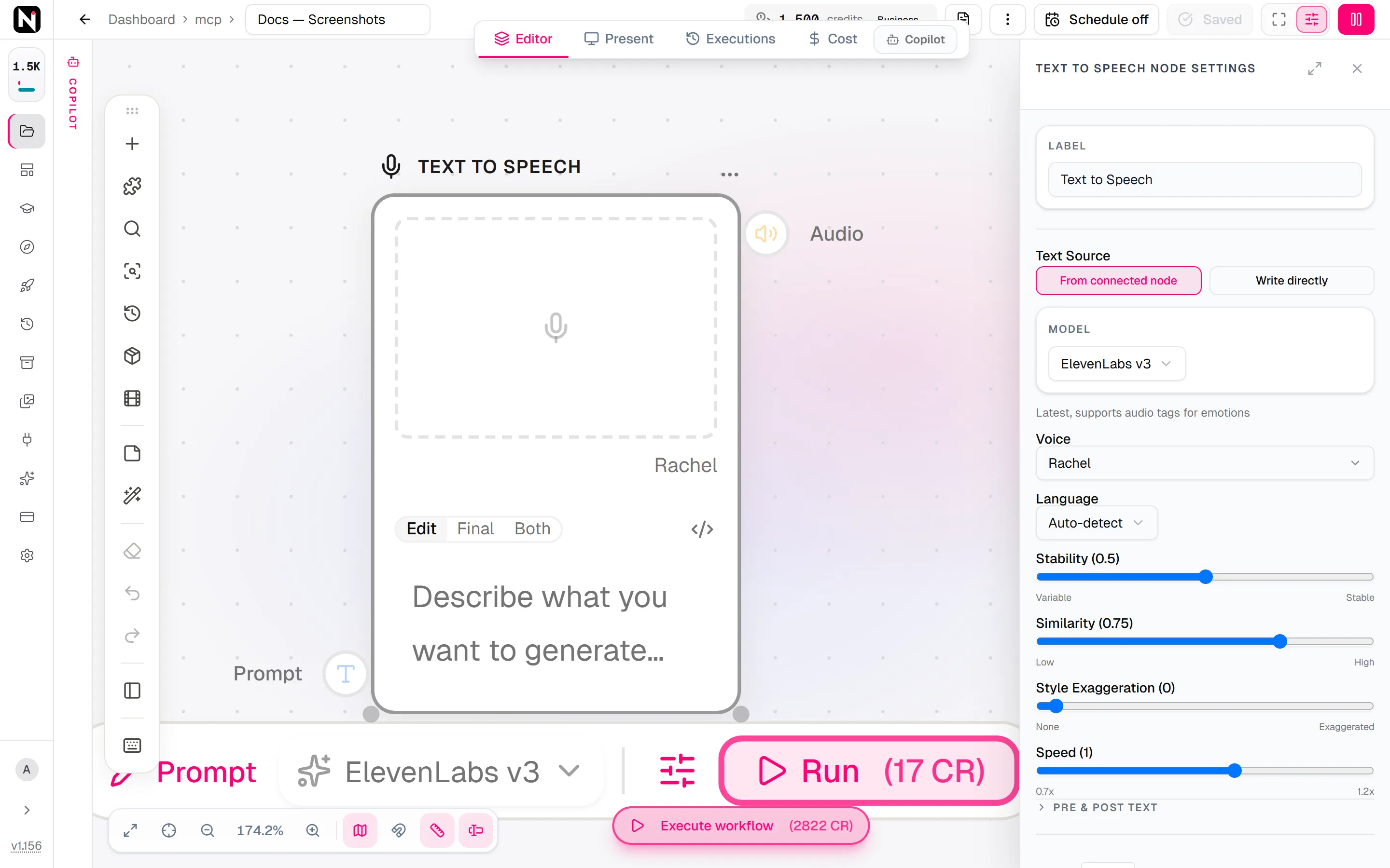 The Text to Speech settings panel with Text Source, Model, Voice, Language and the Stability slider.