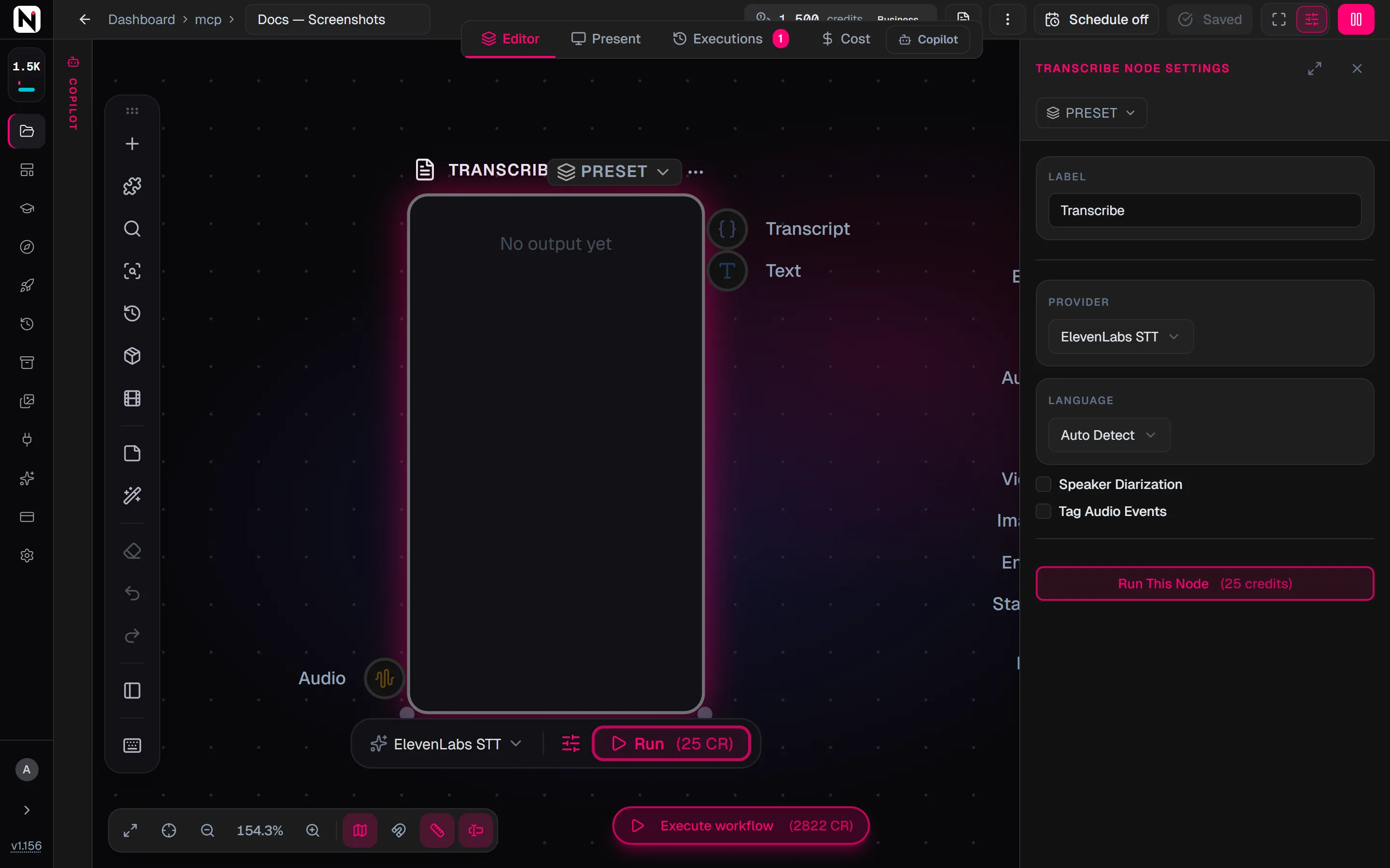 The Transcribe settings panel with Provider set to ElevenLabs STT, Language on Auto Detect, and the Speaker Diarization and Tag Audio Events checkboxes.