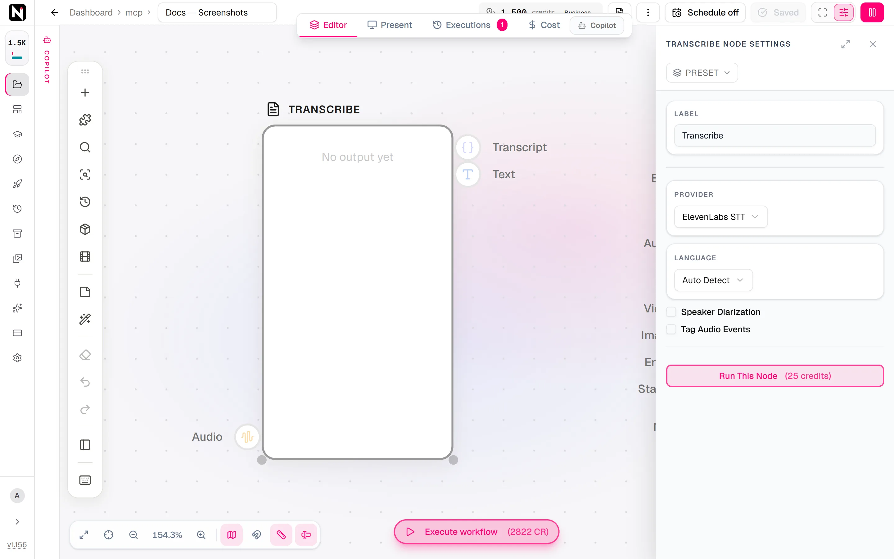 The Transcribe settings panel with Provider set to ElevenLabs STT, Language on Auto Detect, and the Speaker Diarization and Tag Audio Events checkboxes.