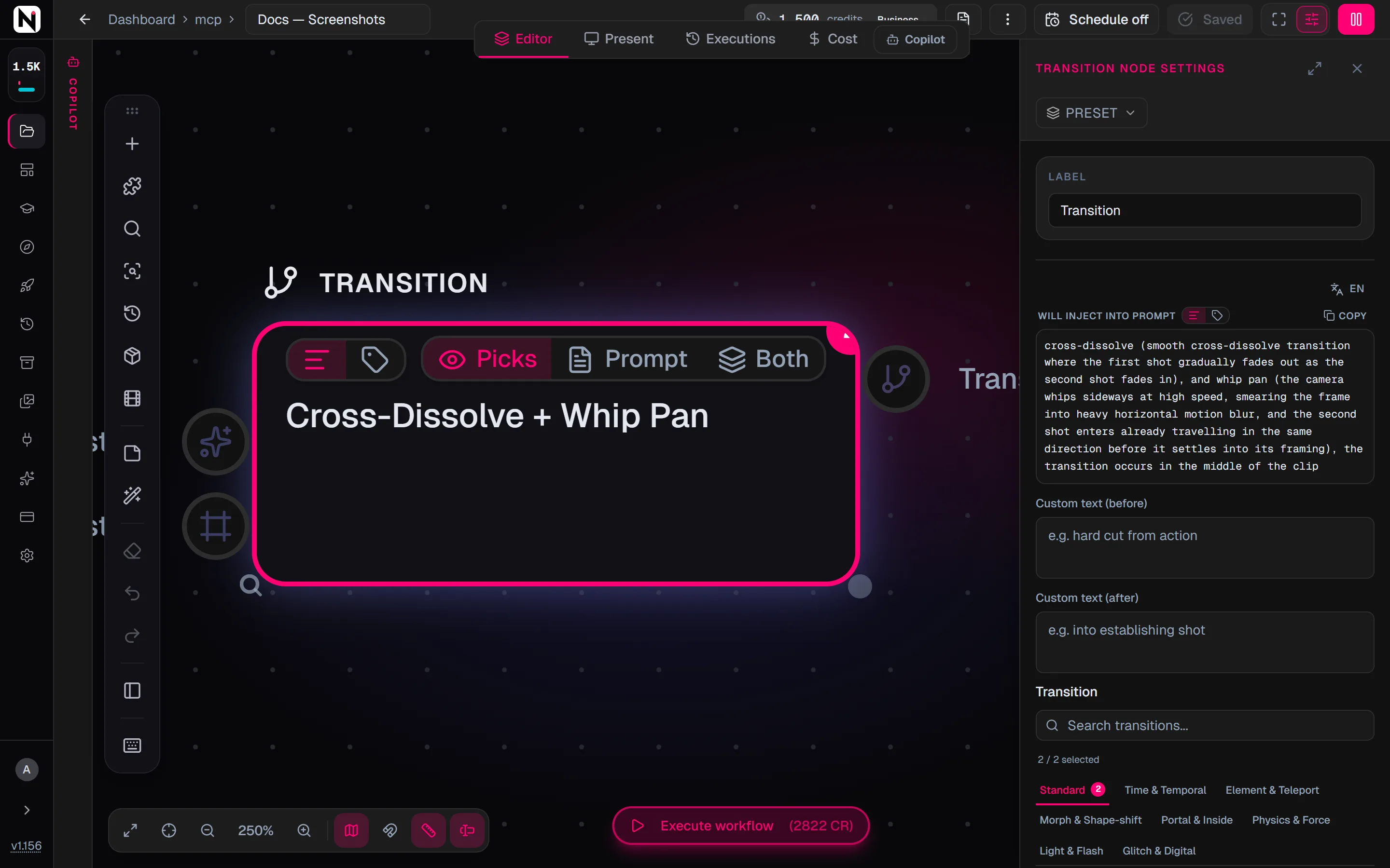 The Transition settings panel with Cross-Dissolve and Whip Pan picked, the text they add to the prompt, and the transition categories.