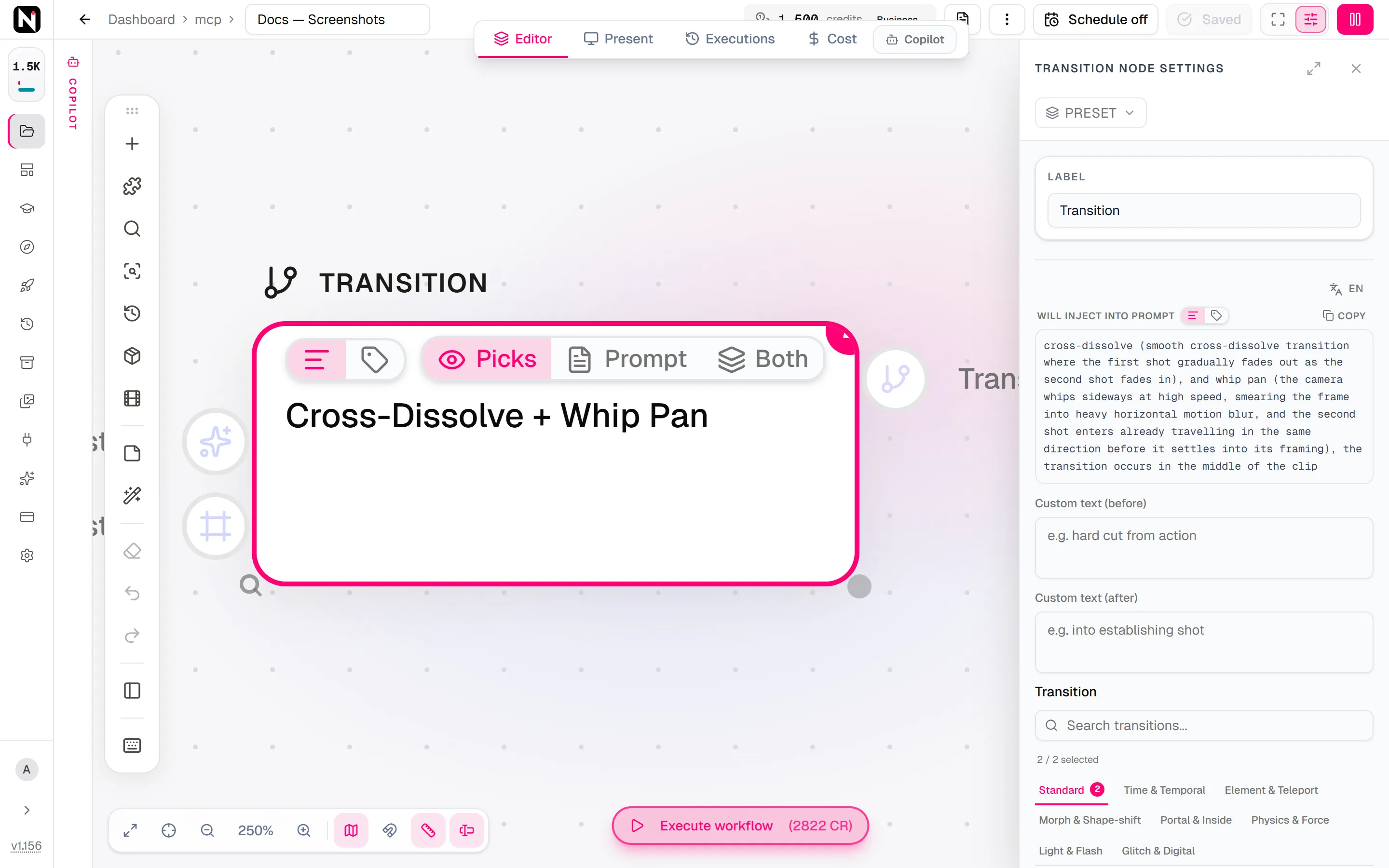 The Transition settings panel with Cross-Dissolve and Whip Pan picked, the text they add to the prompt, and the transition categories.