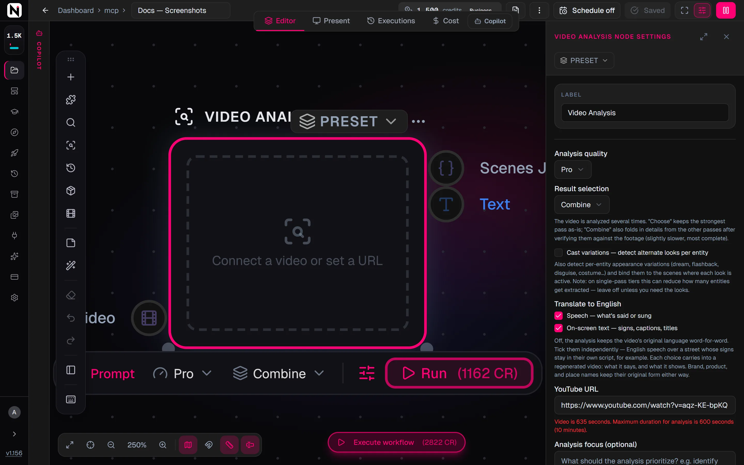 The Video Analysis settings panel with Analysis quality set to Pro, Result selection set to Combine, both translation checkboxes ticked, and a YouTube URL whose video is longer than the 10-minute limit.