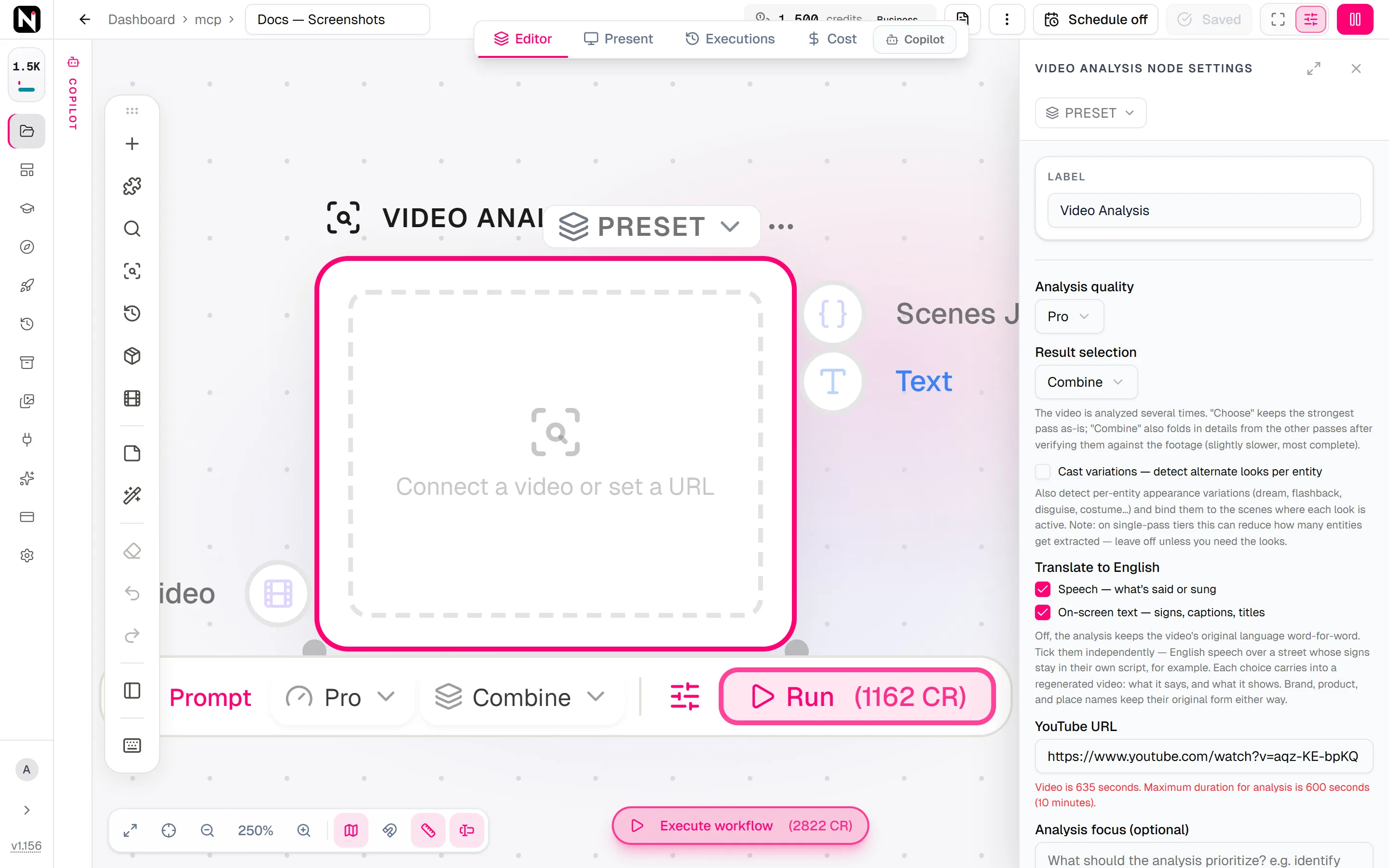 The Video Analysis settings panel with Analysis quality set to Pro, Result selection set to Combine, both translation checkboxes ticked, and a YouTube URL whose video is longer than the 10-minute limit.