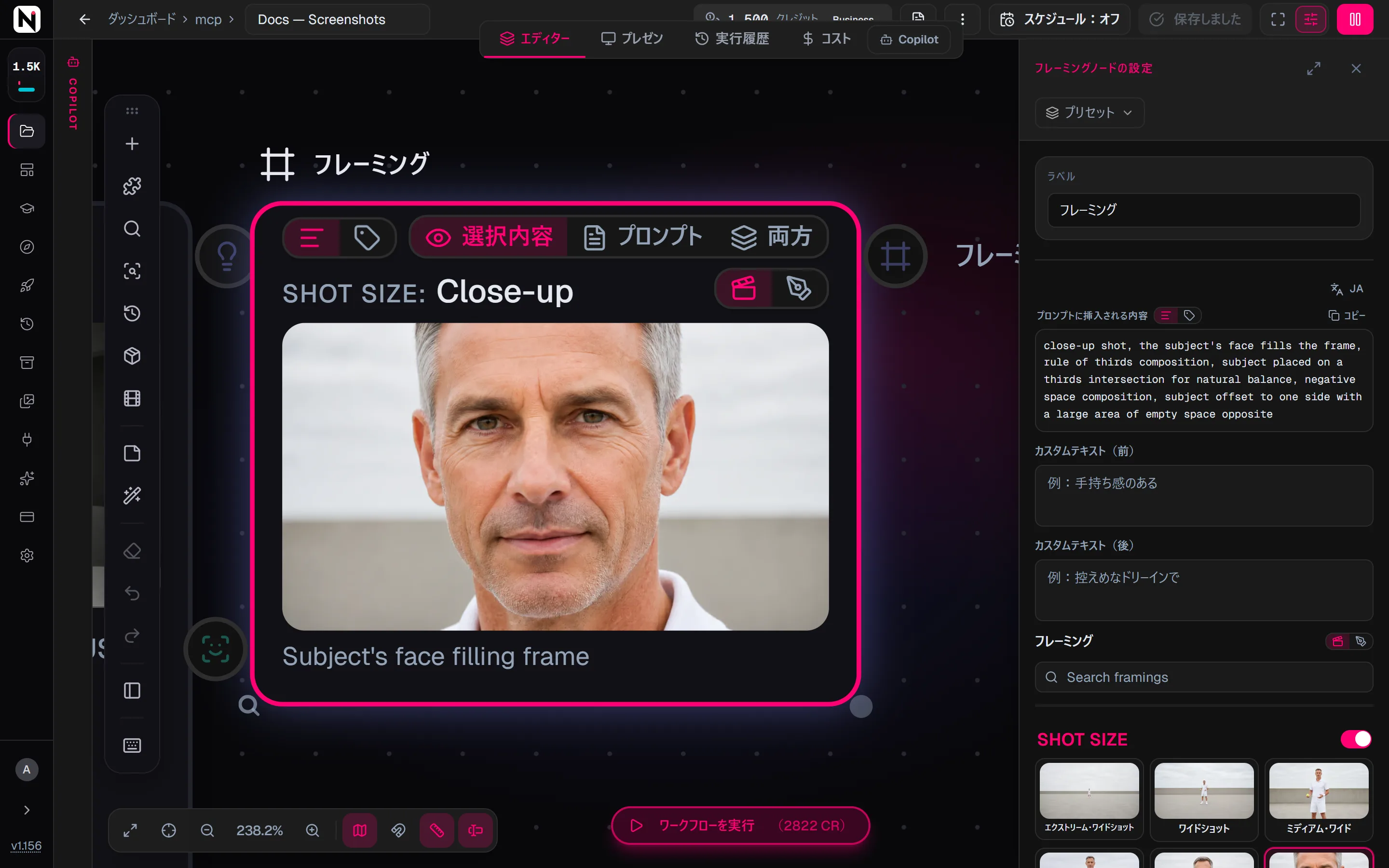 設定パネルのフレーミングピッカー。Shot Size はクローズアップに設定され、Composition のオプションが 2 つ選ばれています。