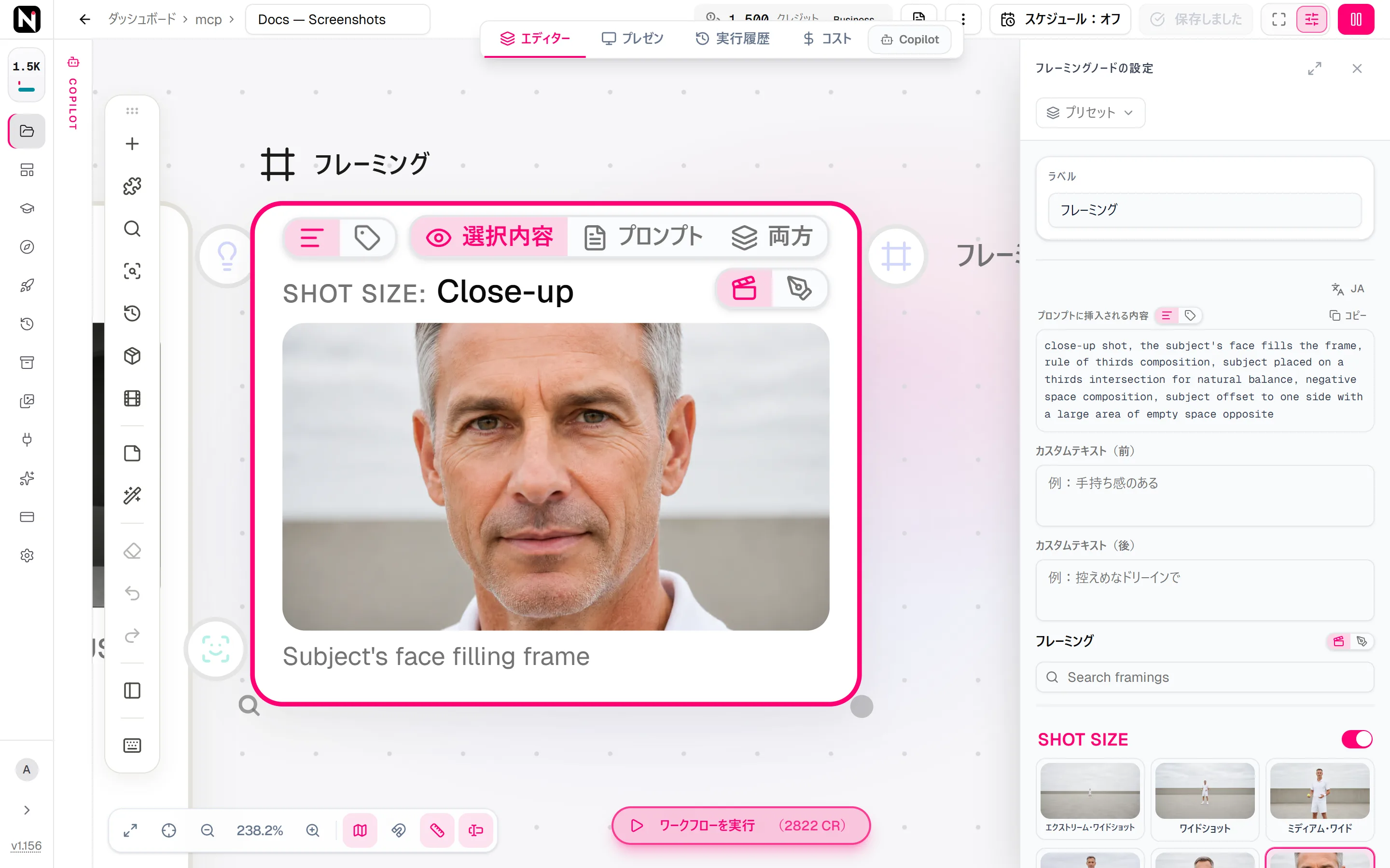 設定パネルのフレーミングピッカー。Shot Size はクローズアップに設定され、Composition のオプションが 2 つ選ばれています。