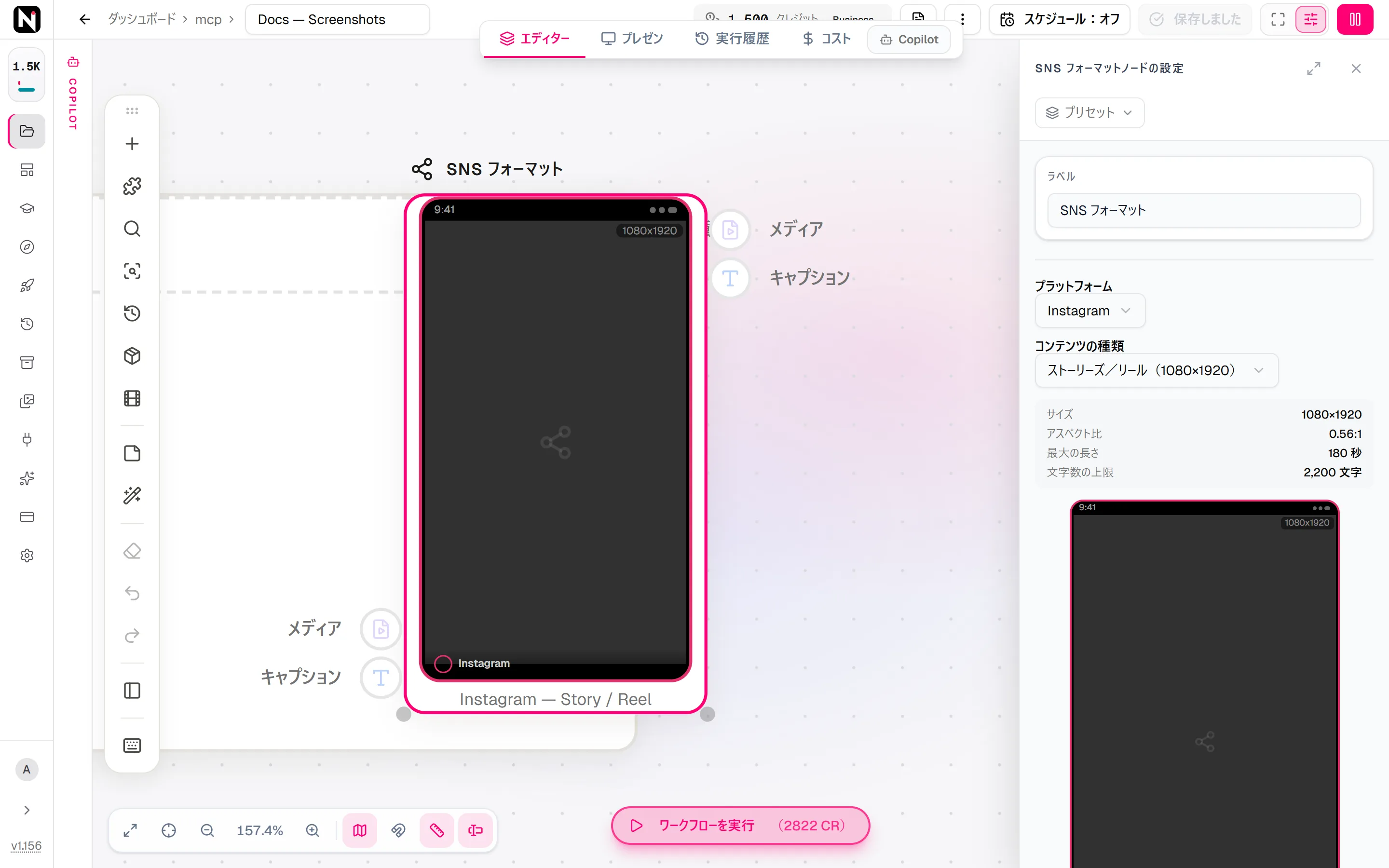 SNS フォーマットの設定パネル。Instagram の「ストーリーズ／リール」が選ばれ、そのサイズ、長さ、文字数の上限と、スマートフォンでの投稿のプレビューが表示されています。