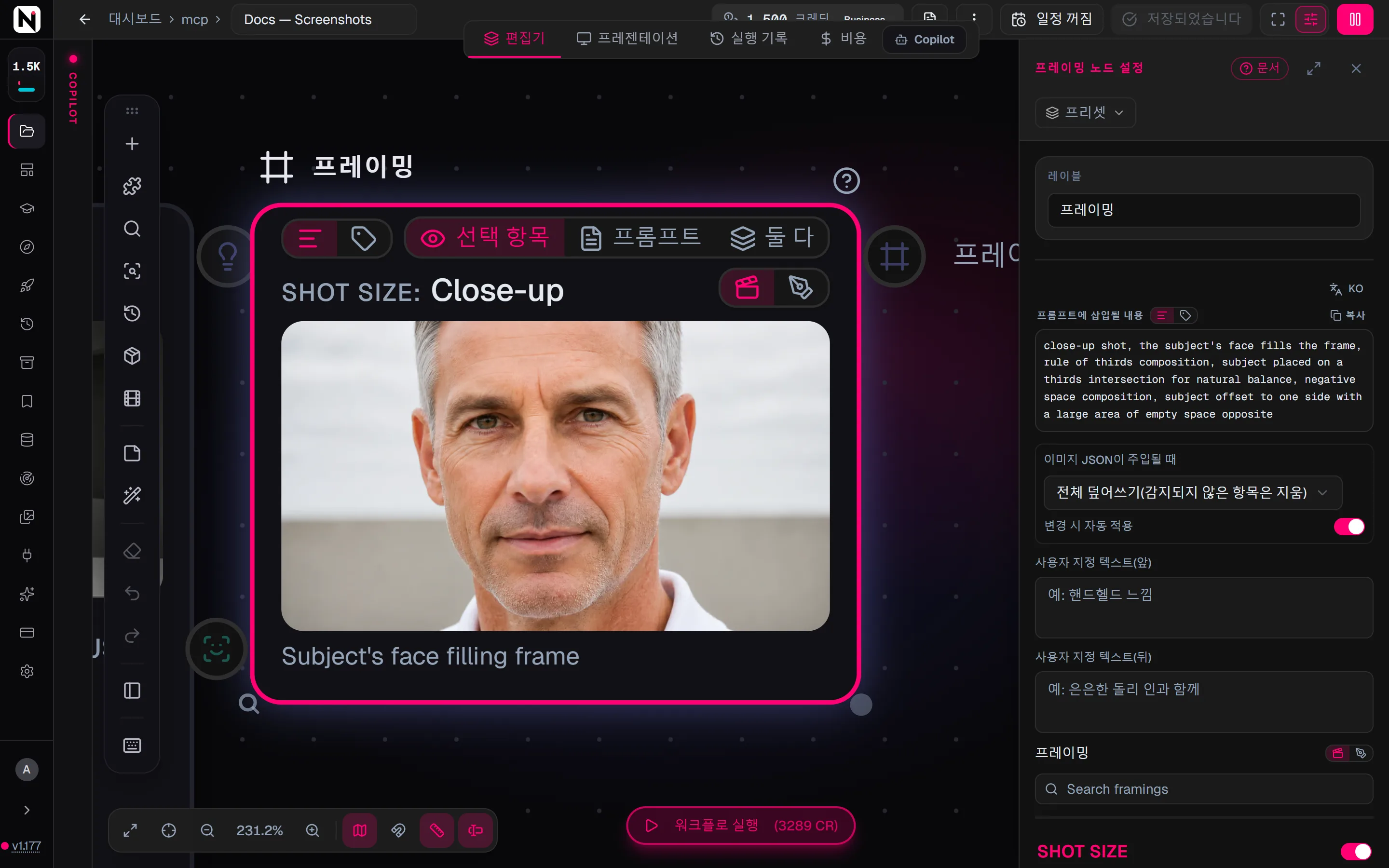 설정 패널의 프레이밍 피커. 샷 크기는 클로즈업으로 설정되어 있고 구도 옵션 두 개가 선택되어 있습니다.