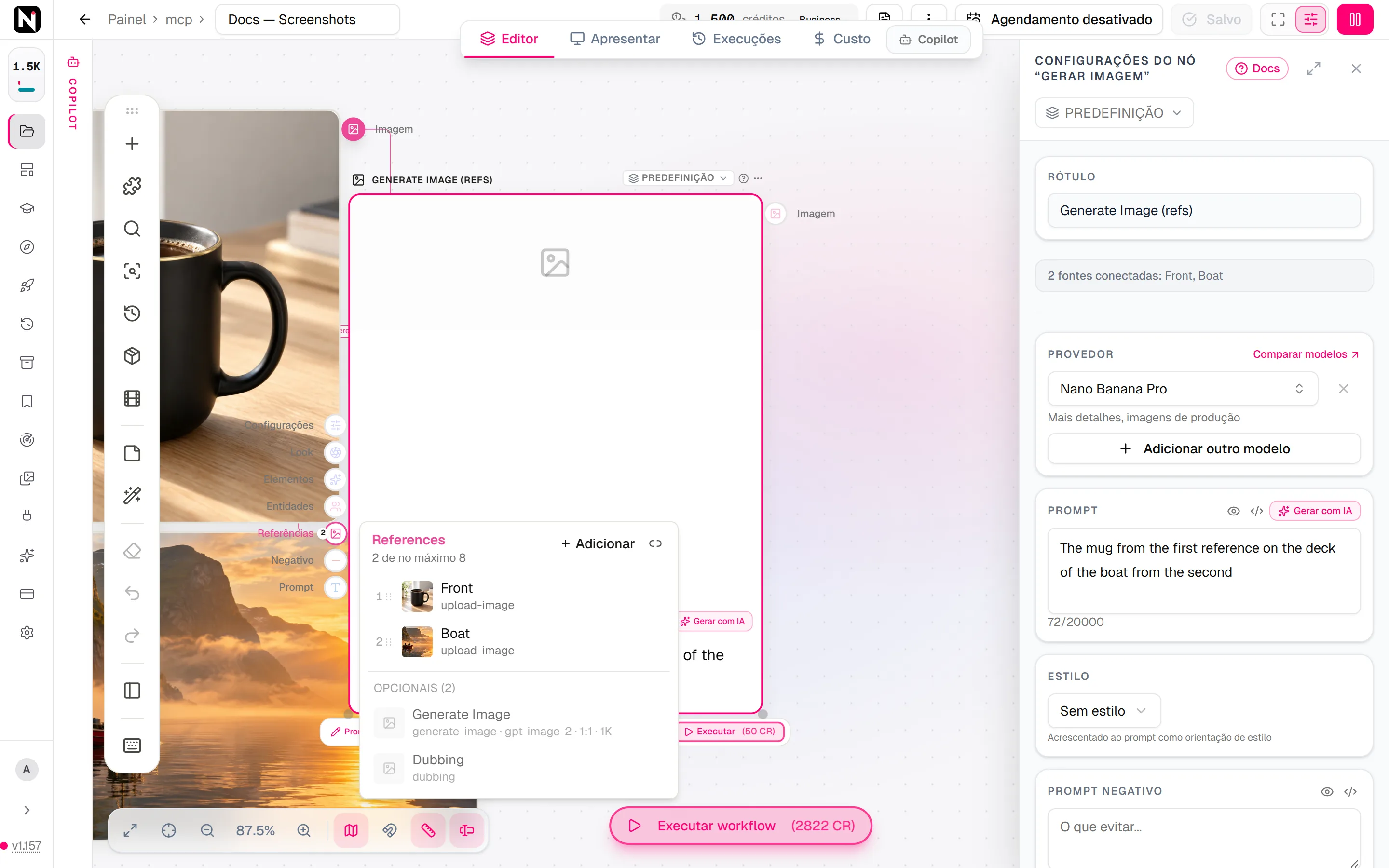 O menu de conexões da entrada “Referências” de “Gerar imagem”, com duas imagens conectadas, os botões “Focar” e “Desconectar” de cada uma e os botões “Adicionar” e “Desconectar tudo”.