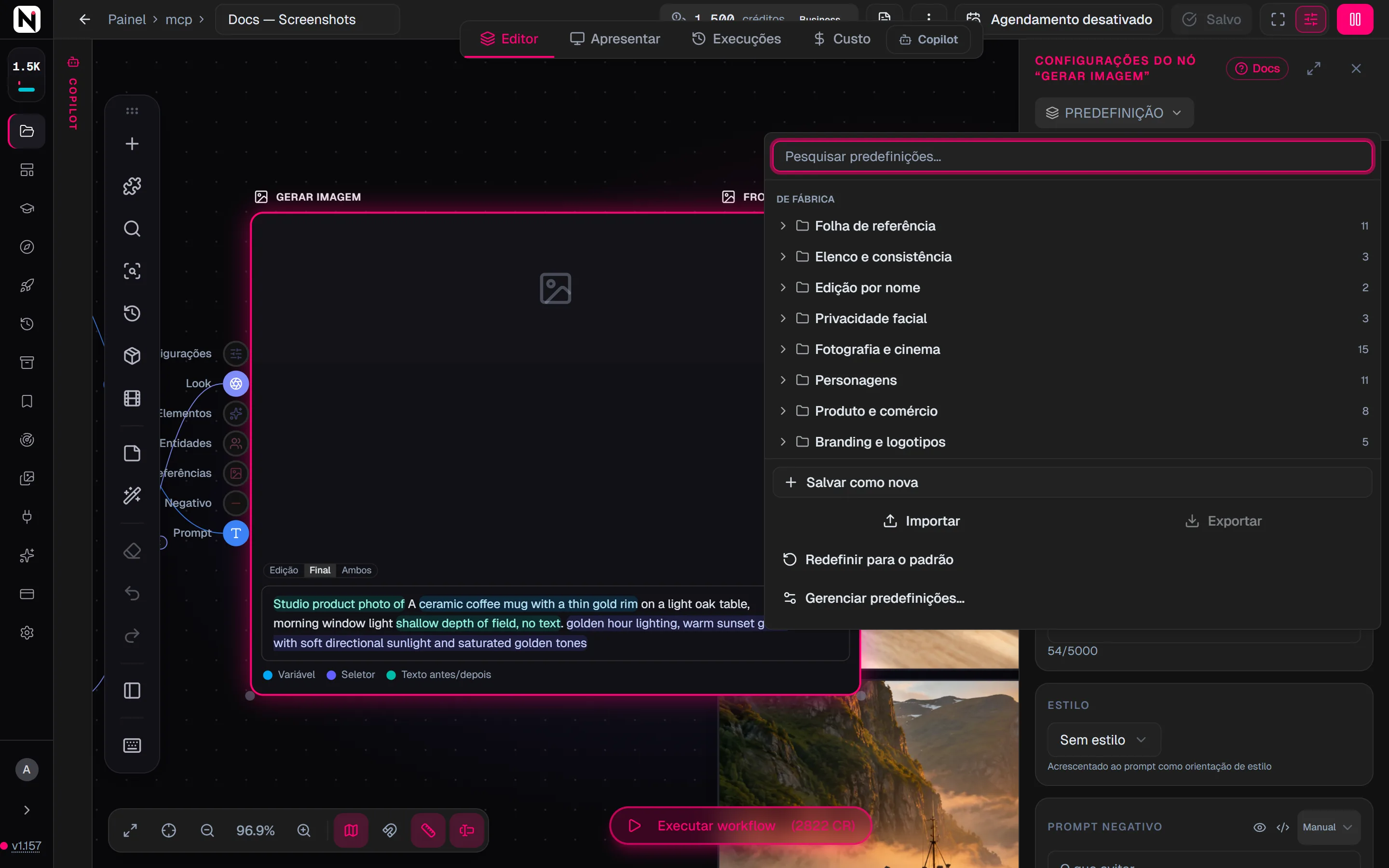 O menu de predefinições de “Gerar imagem” aberto, com a caixa de pesquisa, a faixa “Favoritos”, “Minhas predefinições” e as pastas “De fábrica” recolhidas.