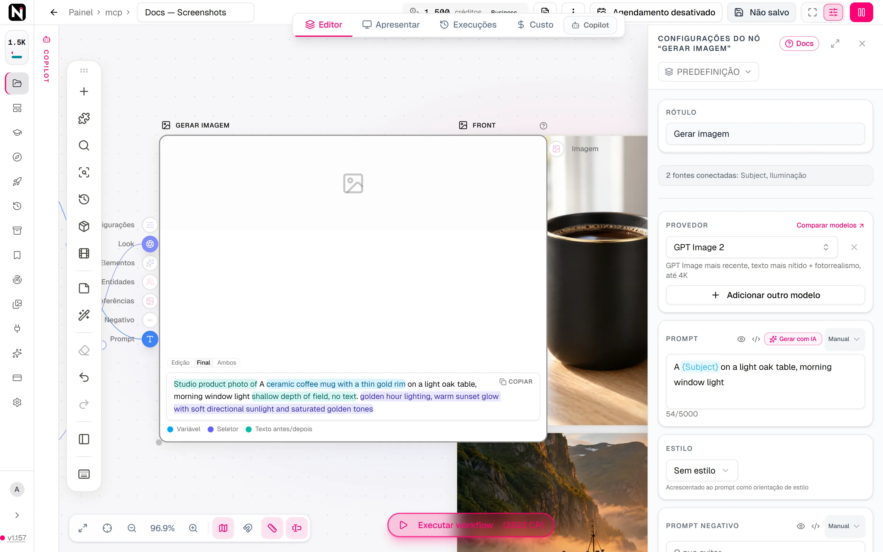 O prompt de “Gerar imagem” na visualização final, com uma variável resolvida, o texto de seletores e o texto antes e depois em cores diferentes, e a legenda de cores abaixo.