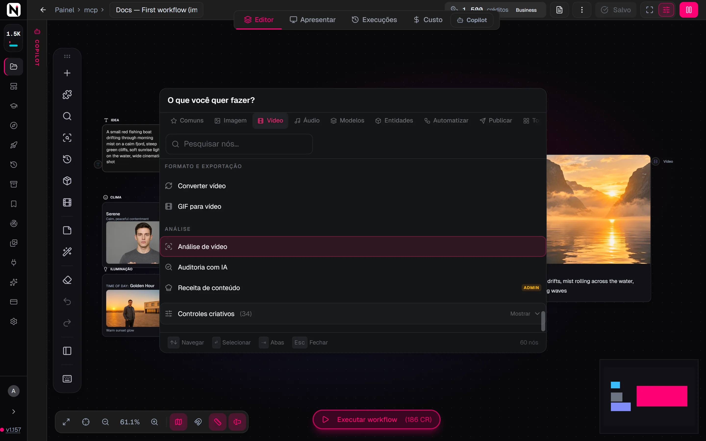 O menu Adicionar nó na aba Vídeo, com o bloco Controles criativos expandido para mostrar as famílias.