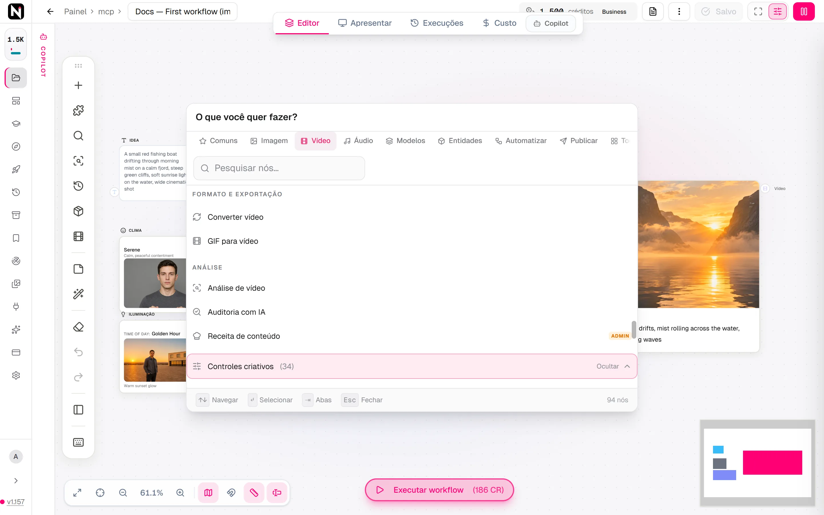 O menu Adicionar nó na aba Vídeo, com o bloco Controles criativos expandido para mostrar as famílias.