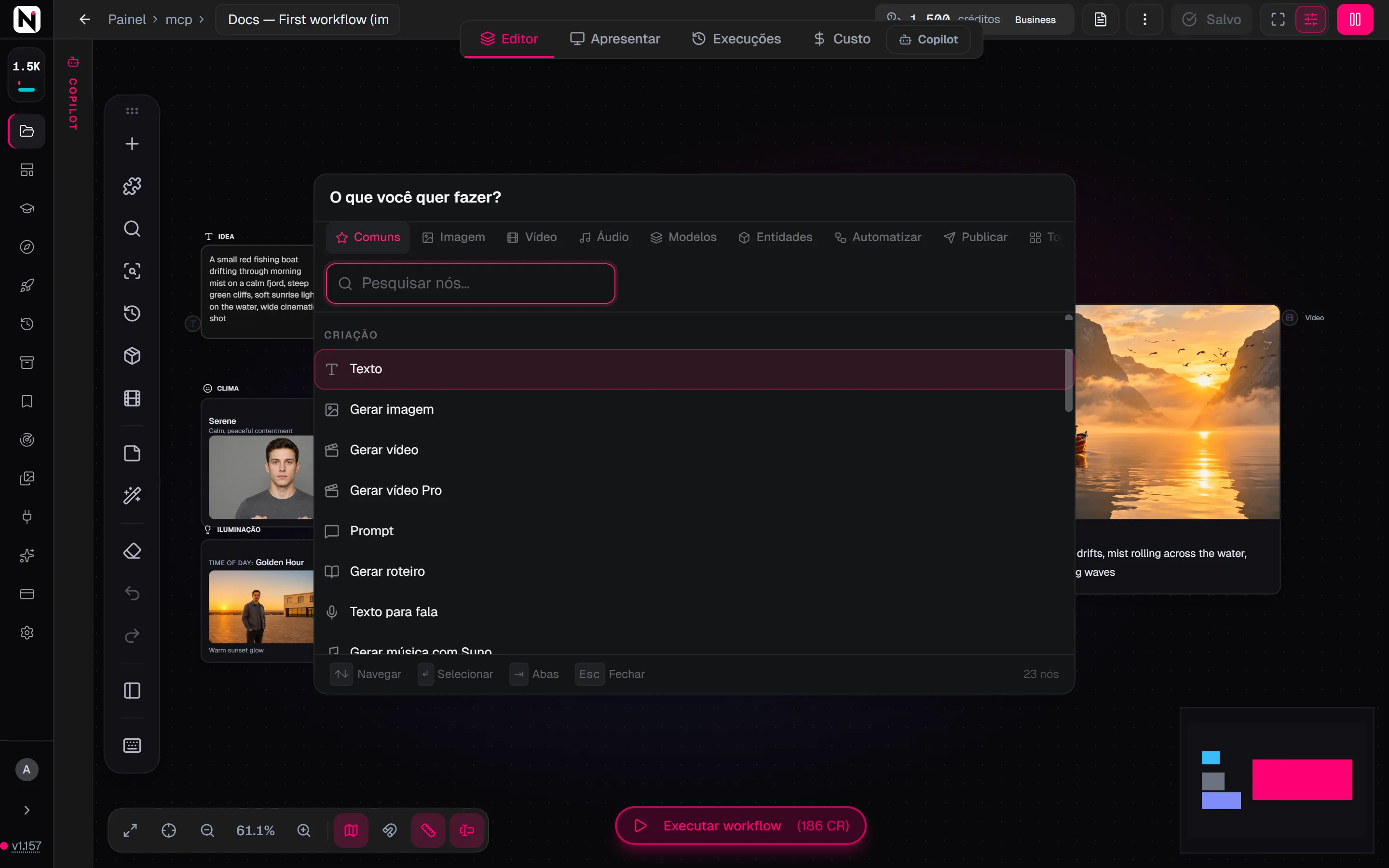 O menu Adicionar nó aberto na aba Imagem, com a barra de abas, os atalhos Populares, as famílias de Imagem e o bloco recolhido de Controles criativos.